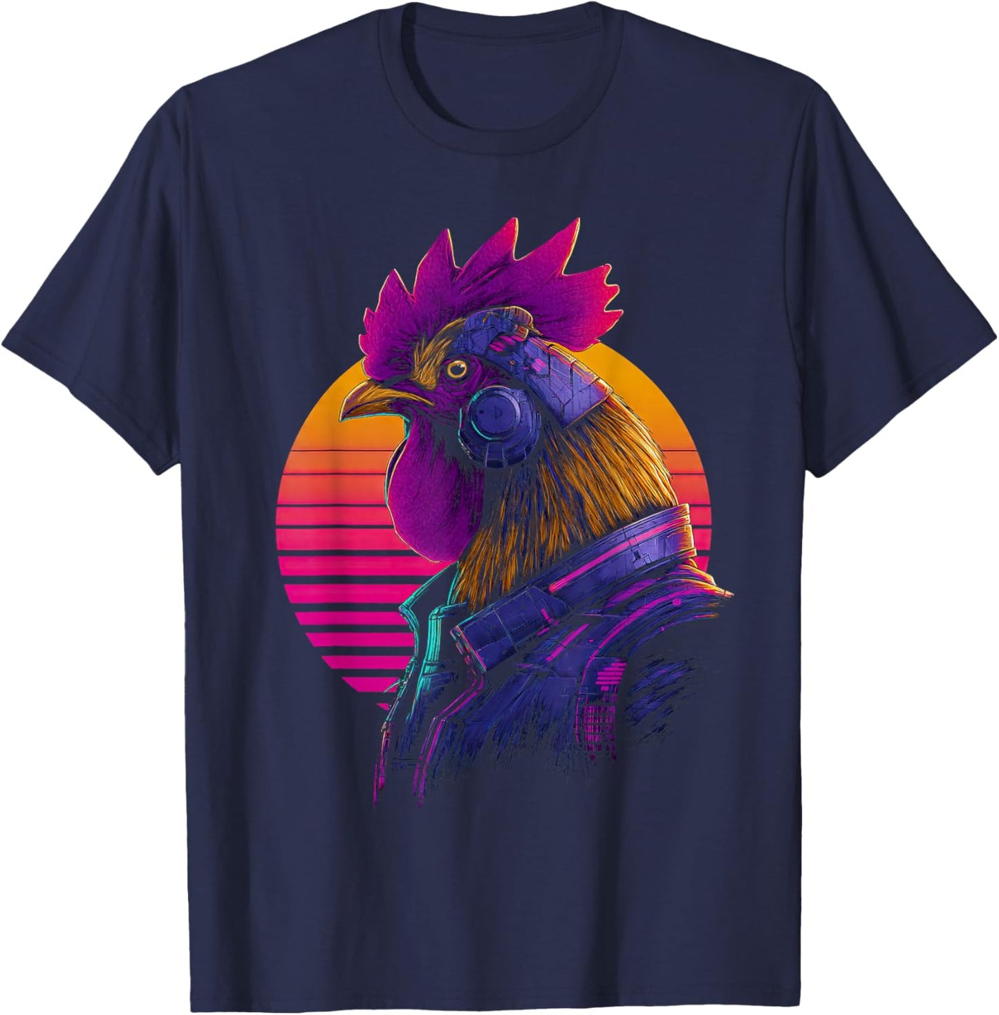 Cyberpunk Rooster Sci-Fi Synthwave Retro T-Shirt - T-Shirt | Navy