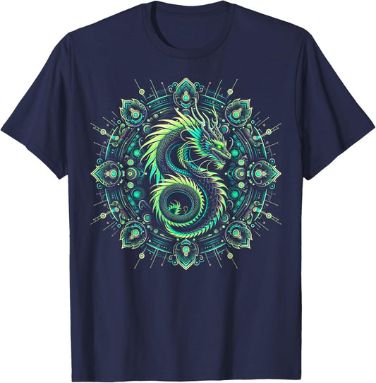 Geometric Dragon Mandala T-Shirt - T-Shirt | Navy