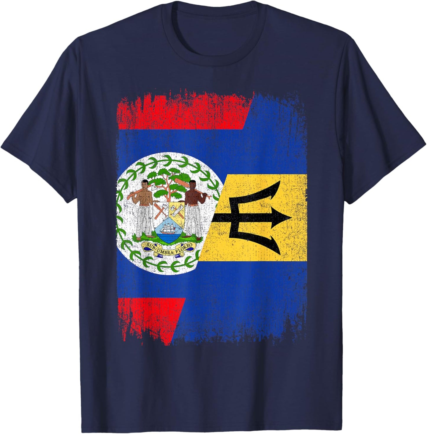 Half Belize Barbados Flag Belizean Barbadian Roots T-Shirt - T-Shirt | Navy