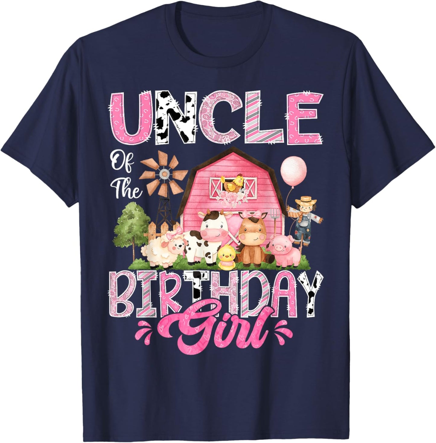 Uncle Of The Birthday Girl Pink Farm Cow First Birthday T-Shirt - T-Shirt | Navy