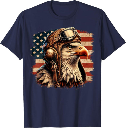 4th of July Patriotic American Shirt Eagle Fighter Pilot Women Kids Men T-Shirt - T-Shirt | Navy