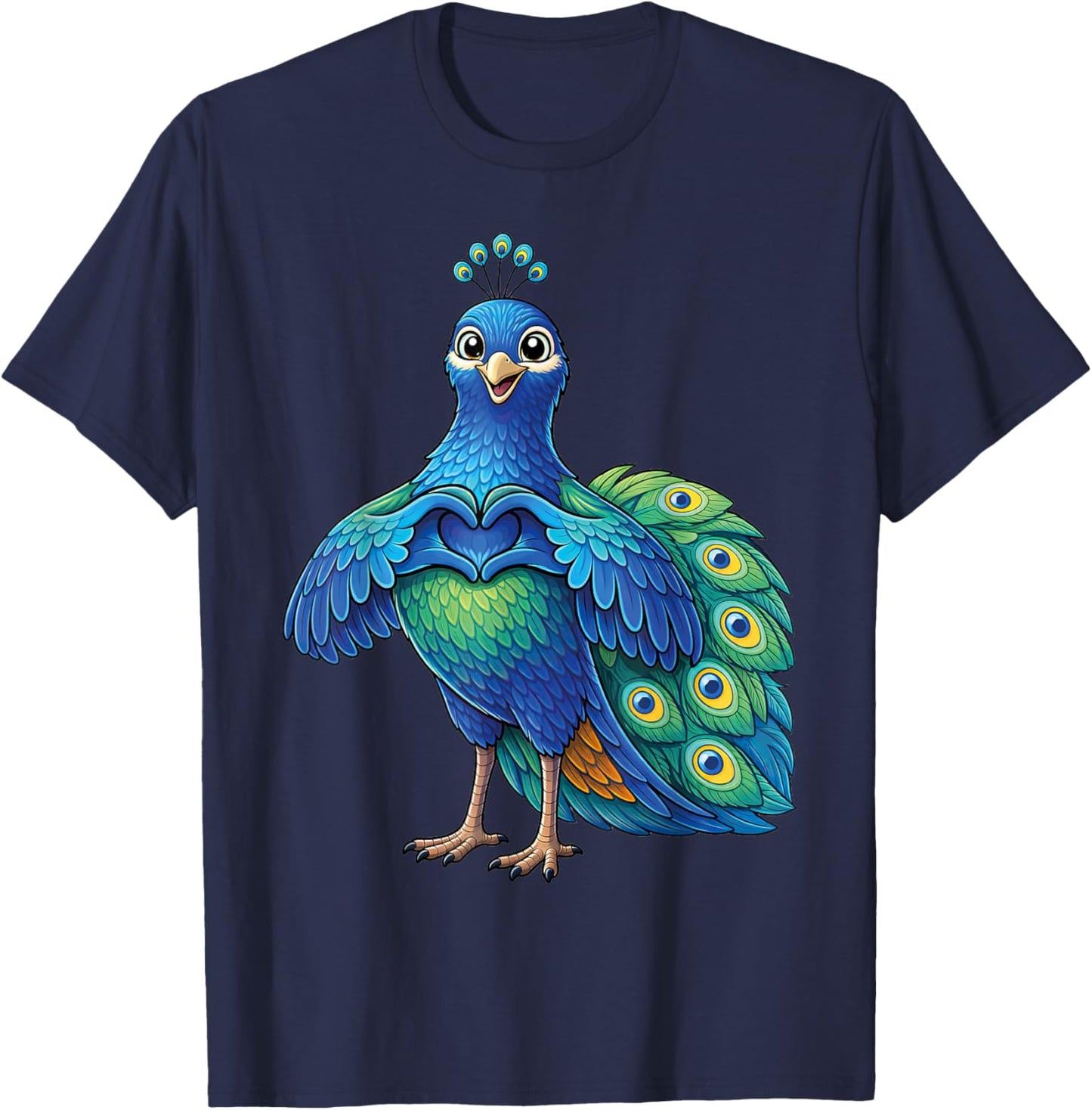 Peacock with Heart, Sweet Peace with Heart Symbol T-Shirt - T-Shirt | Navy