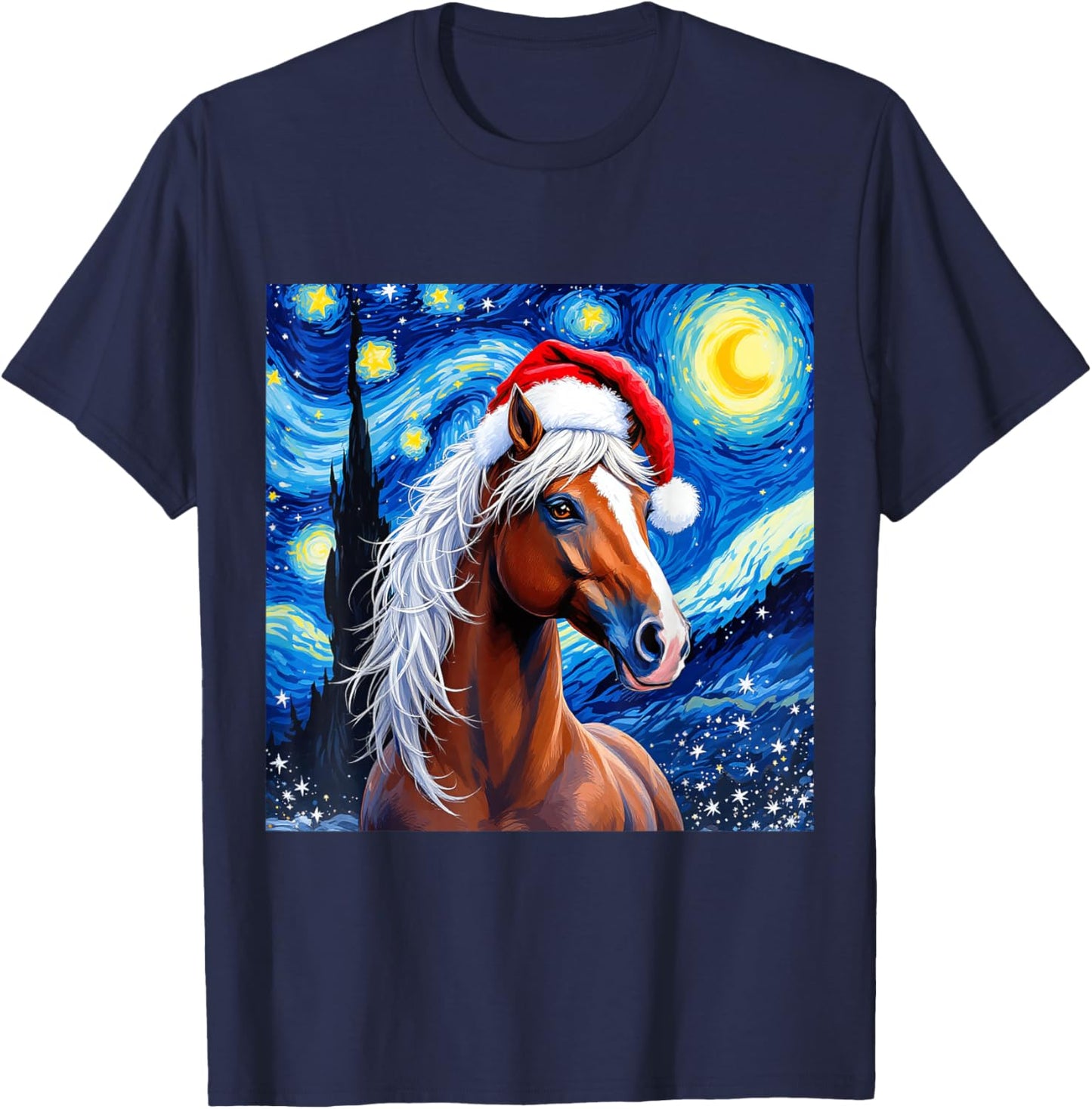 Christmas Horse Santa Hat Van Gogh Starry Night Holiday T-Shirt - T-Shirt | Navy