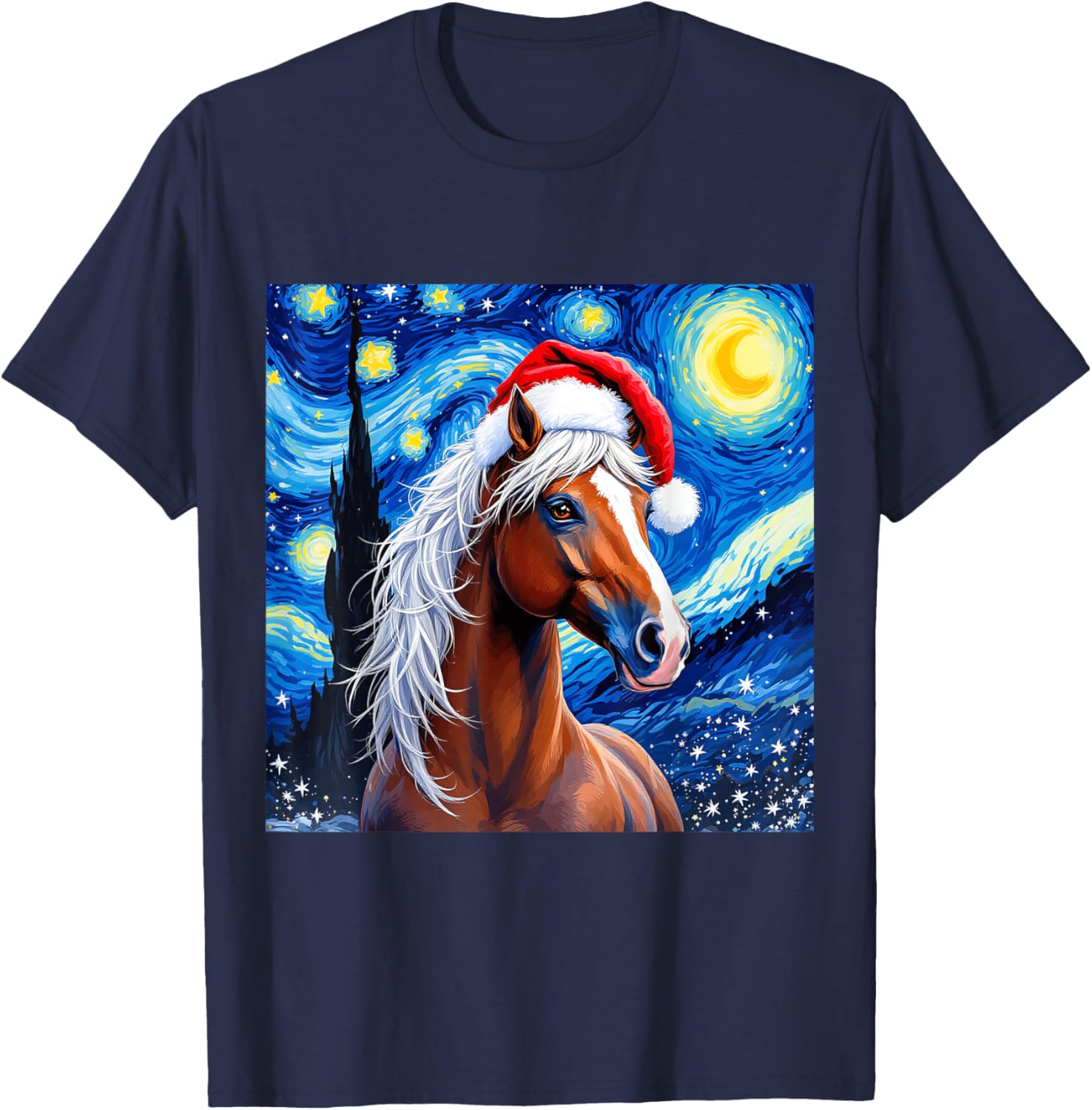 Christmas Horse Santa Hat Van Gogh Starry Night Holiday T-Shirt - T-Shirt | Navy