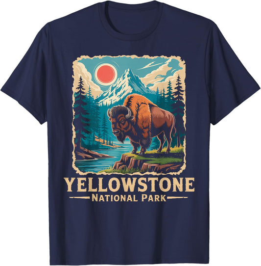 Wyoming Buffalo Bison Vintage Yellowstone National Park T-Shirt - T-Shirt | Navy