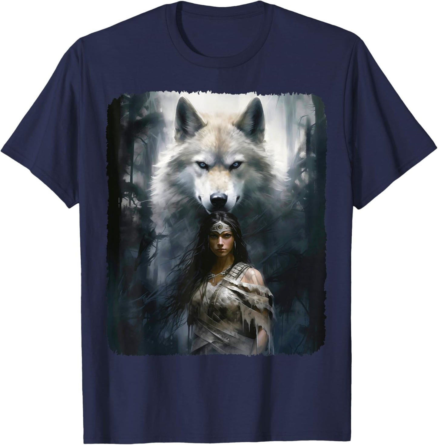 Warrior Woman with a White Wolf Fantasy T-Shirt - T-Shirt | Navy