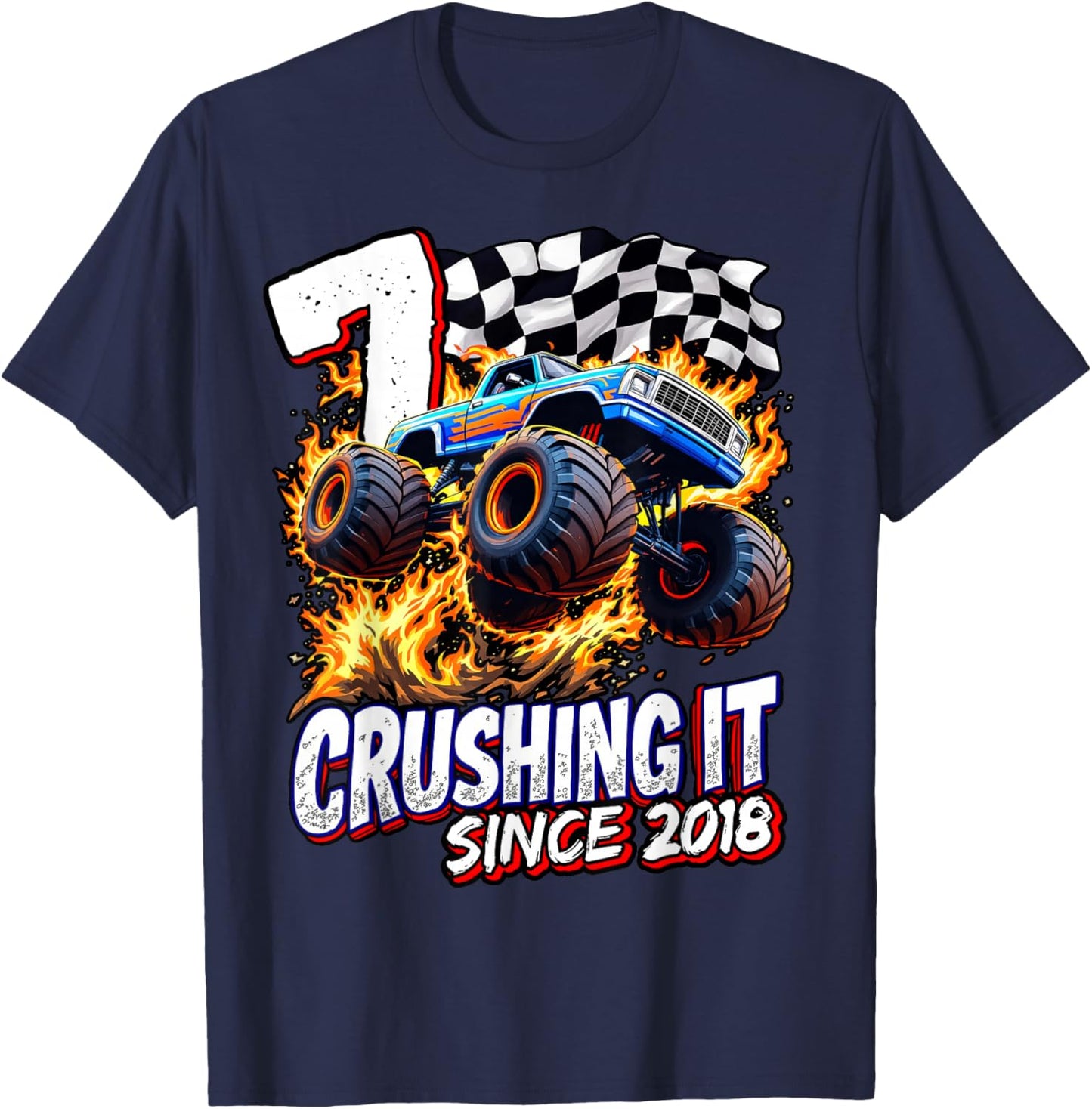 Birthday Monster Truck 7 Year Old Boys 7th Party Born 2018 T-Shirt - T-Shirt | Navy