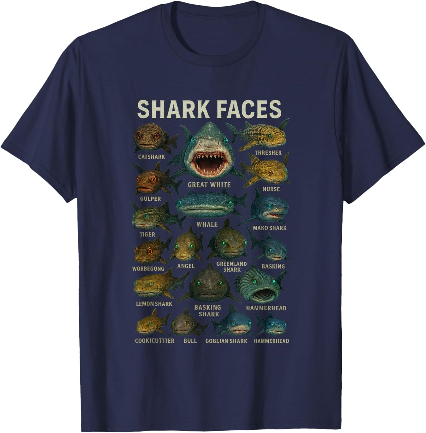 Shark Faces Type of Shark Shark Faces of All Kinds T-Shirt - T-Shirt | Navy