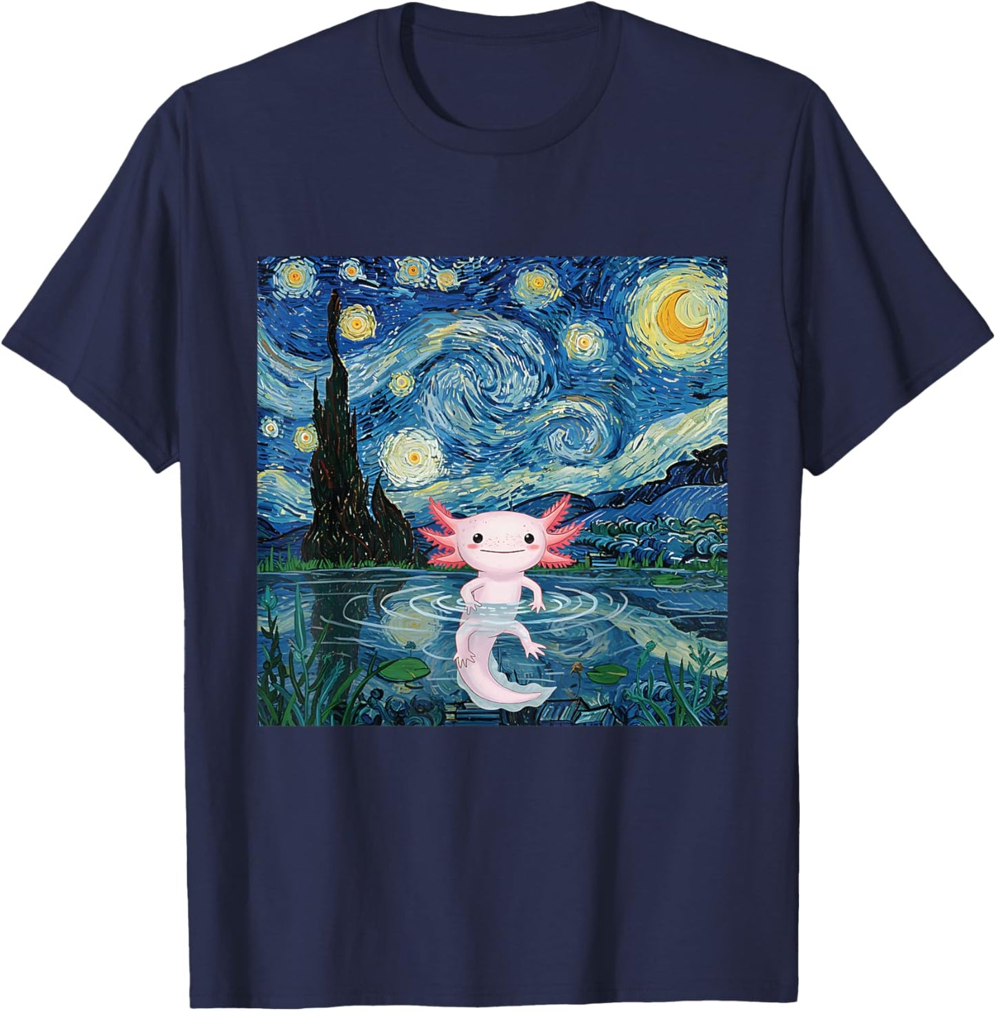 Adorable Axolotl Kawaii Van Gogh Style Starry Night Graphic T-Shirt - T-Shirt | Navy
