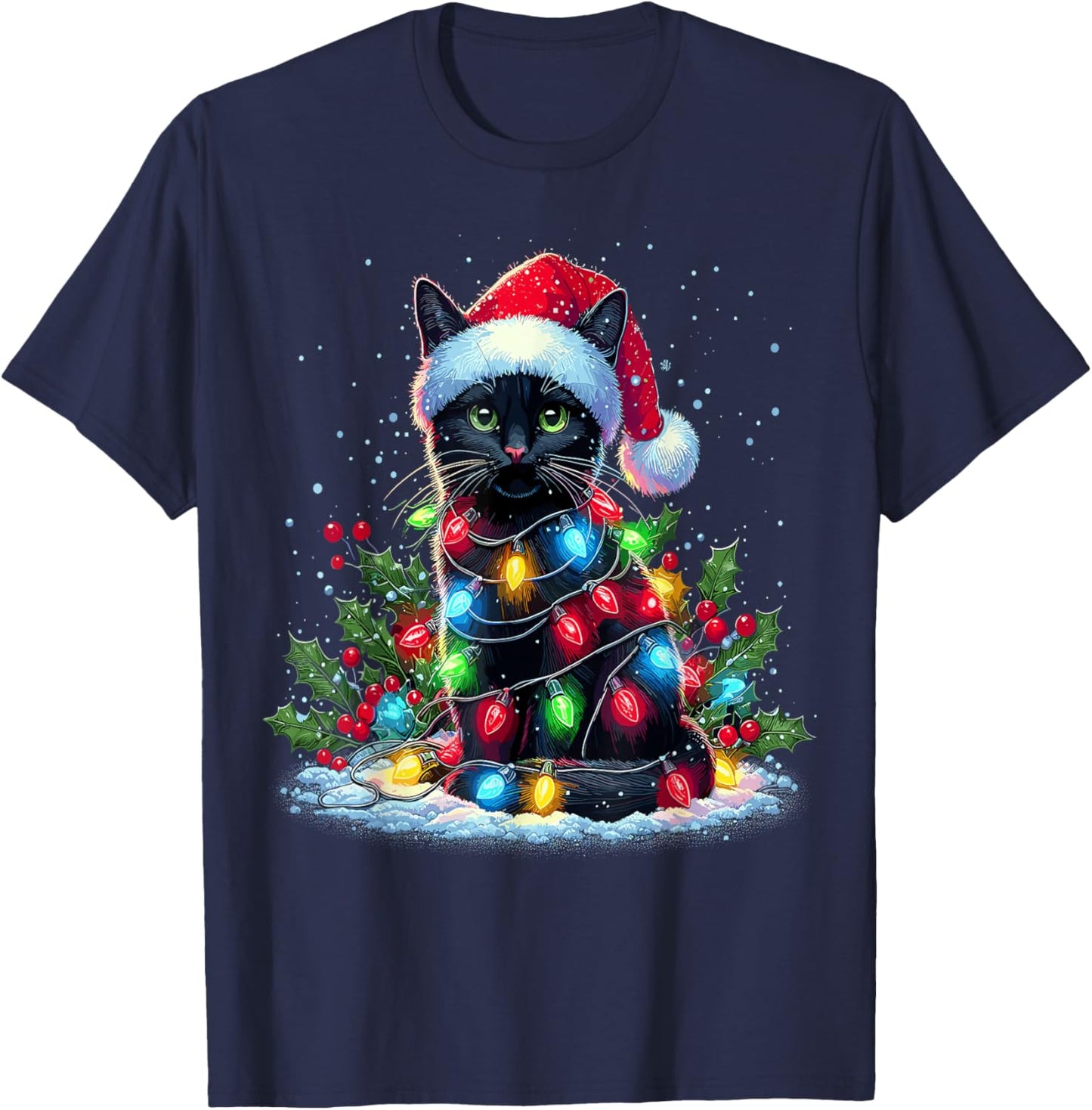 Black Cat Christmas Santa Hat Funny Meowy Cats T-Shirt - T-Shirt | Navy