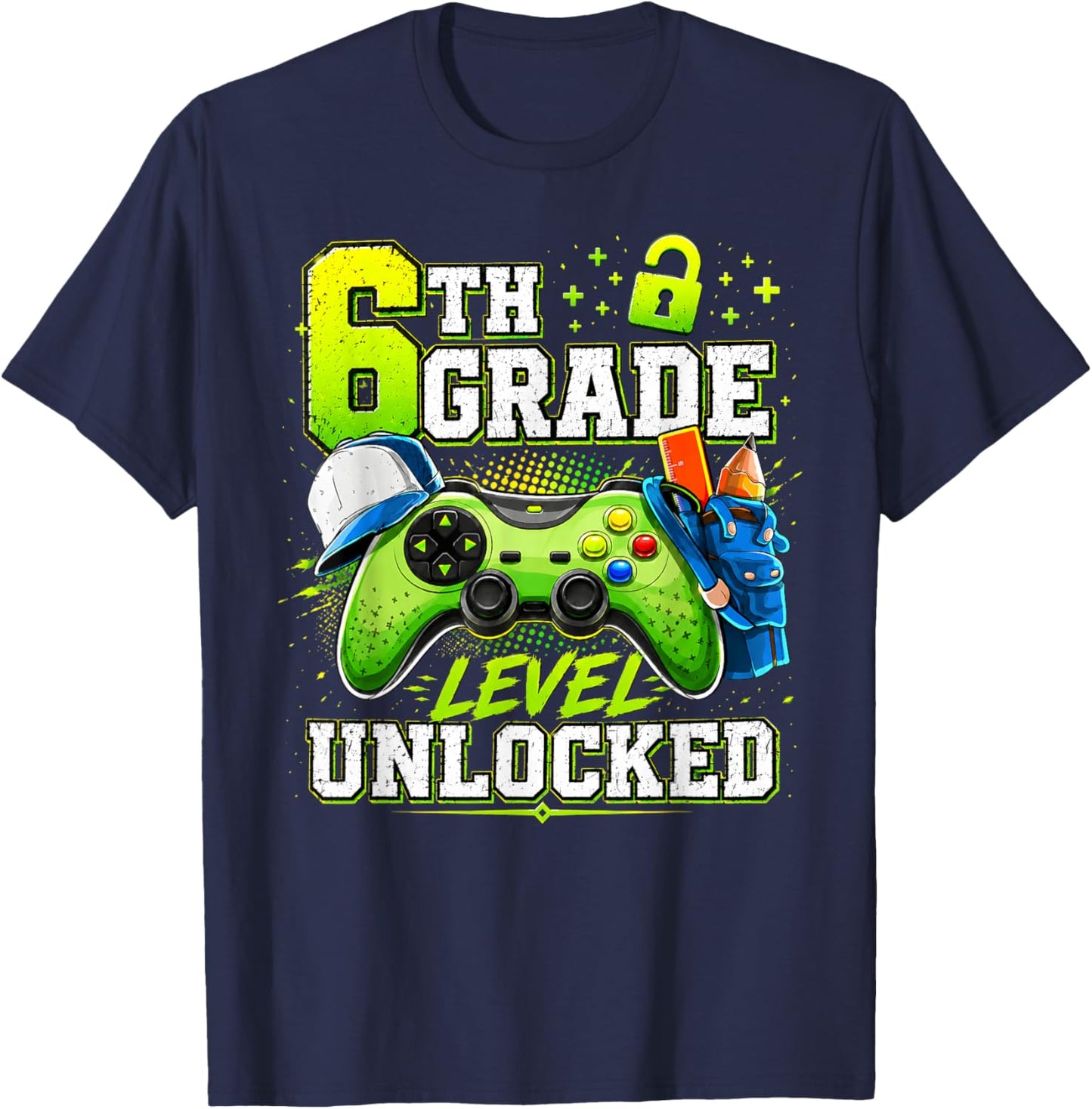 Back to School 6th Sixth Grade Level Unlocked Gamer Kid T-Shirt - T-Shirt | Navy