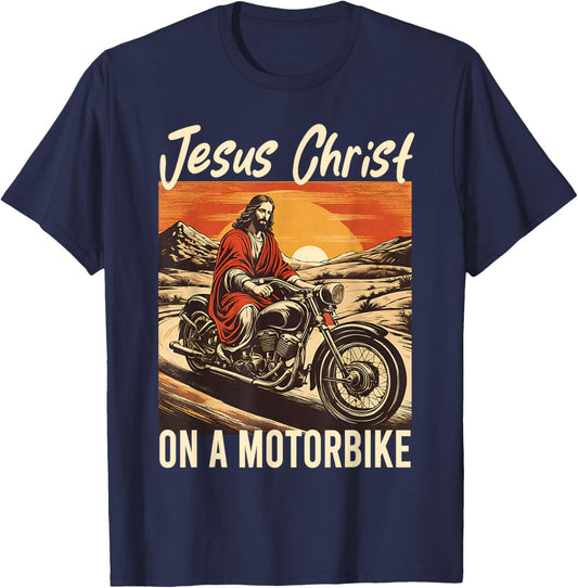 Jesus Christ On A Motorbike Jesus Biker Motorcycle Christian T-Shirt - T-Shirt | Navy