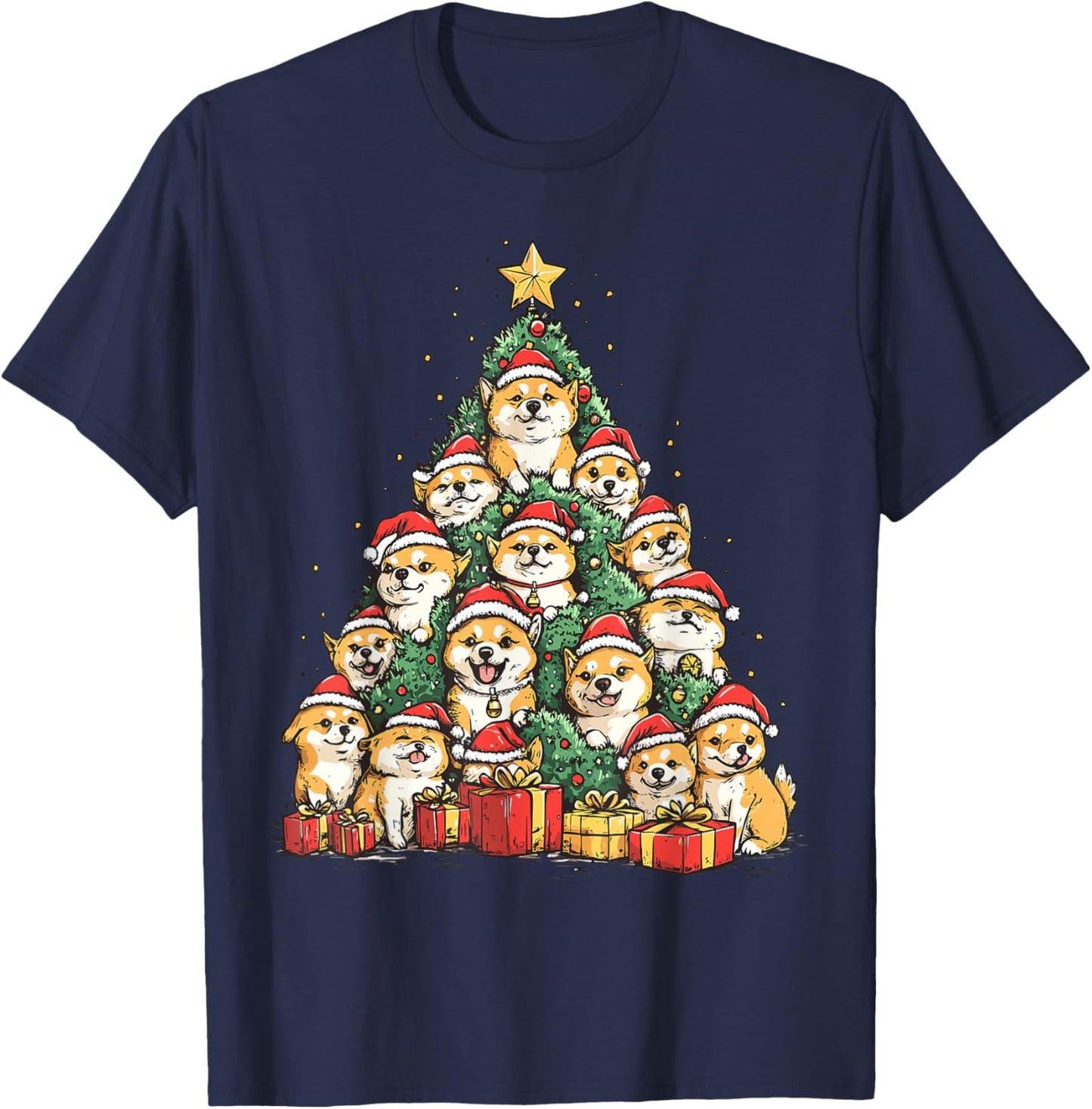 Shiba Inu Santa Christmas Tree Funny Xmas Dog Lover Pajama T-Shirt - T-Shirt | Navy