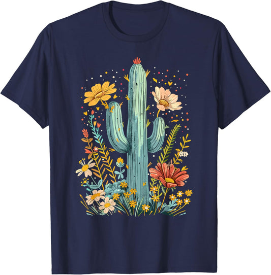 Saguaro Cactus Art Nature Flowers Cottagecore T-Shirt - T-Shirt | Navy
