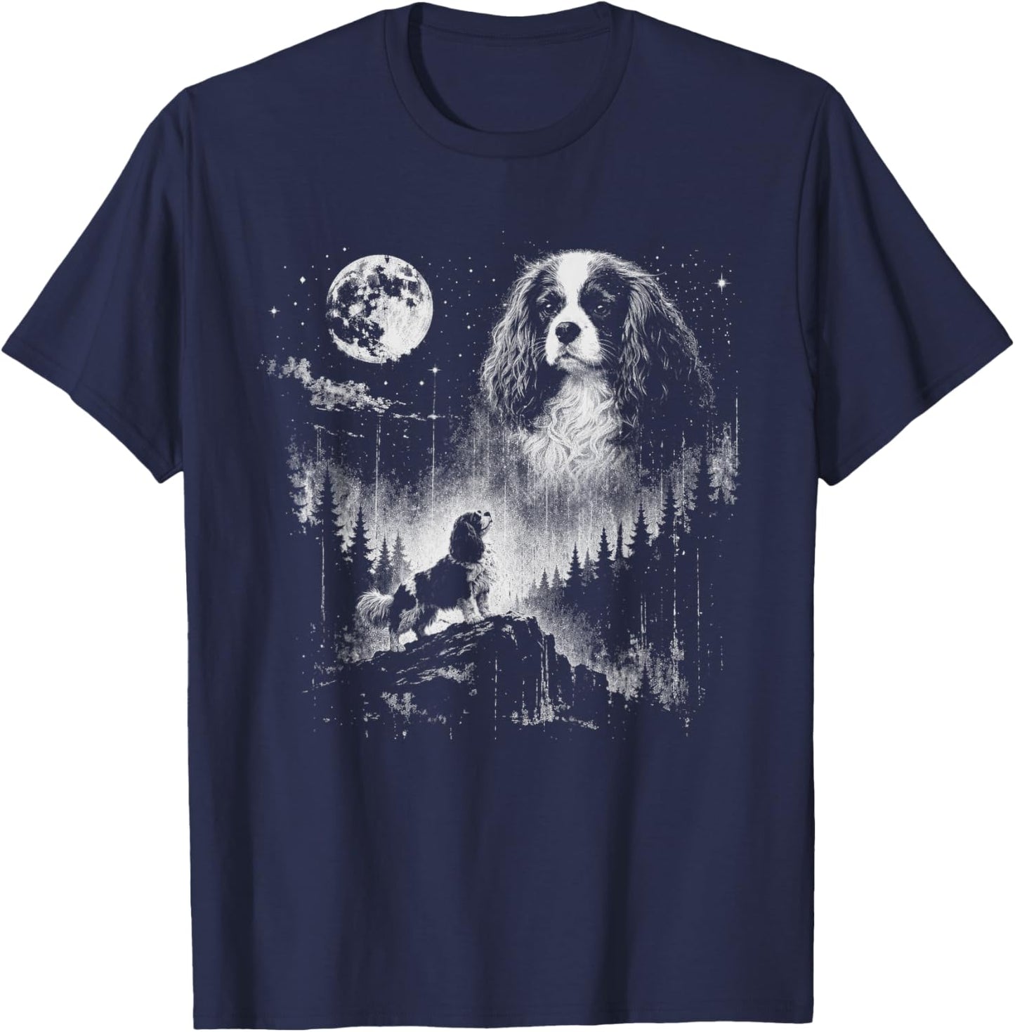 Cavalier King Charles Spaniel Howling At The Moon Retro T-Shirt - T-Shirt | Navy