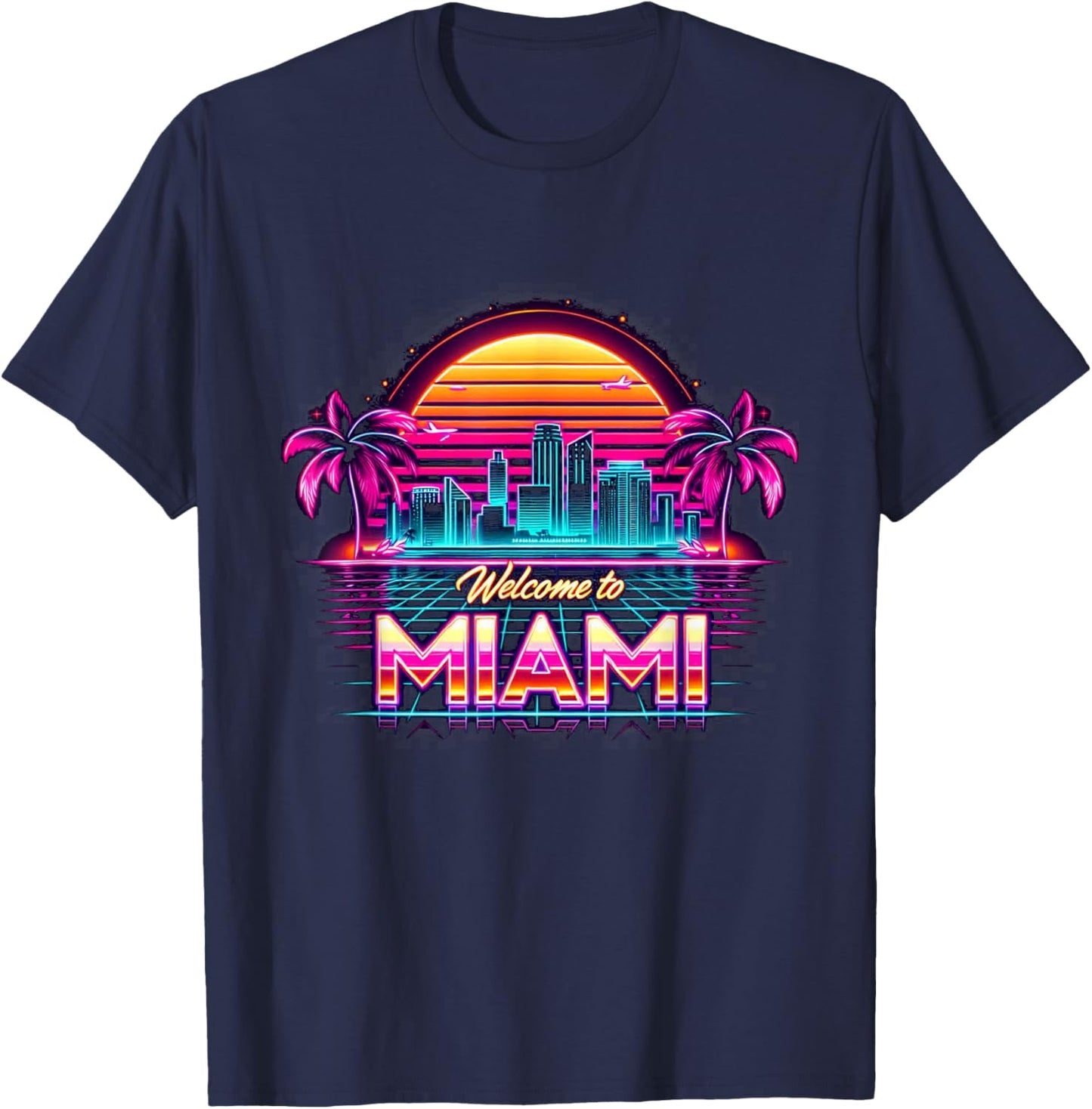 Miami Vibes Apparel Co. Skyline der Urlaubsstadt Miami Beach im Retro-Stil bei Sonnenuntergang in Schwarz, , Kurzarm, , Small T-Shirt - T-Shirt | Navy