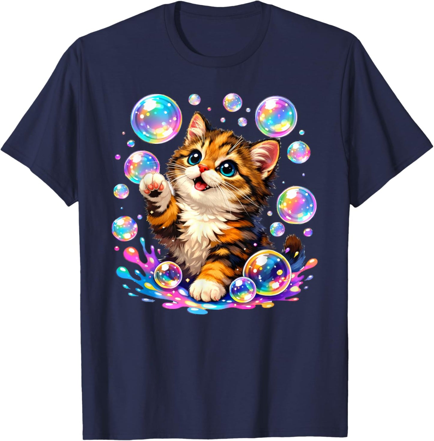 Cute Kawaii Cat Bubbles T-Shirt - T-Shirt | Navy