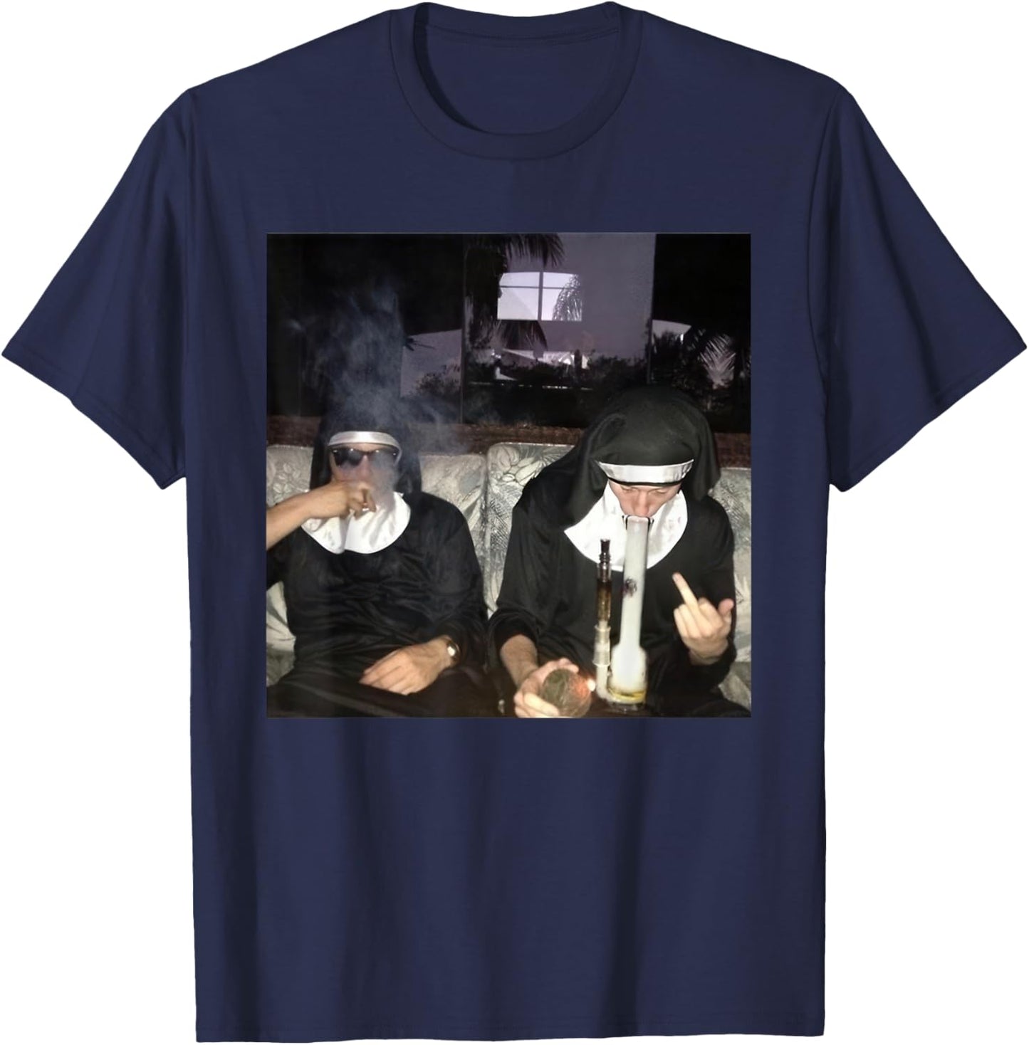 Vintage Nuns Smoking Cigarette Bong Funny Drug Nun T-Shirt - T-Shirt | Navy