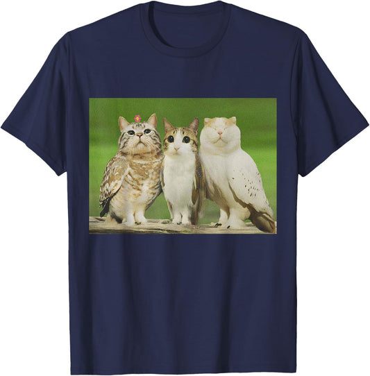 Trio Cat Owl Funny Cursed Internet Trendy Meme T-Shirt - T-Shirt | Navy