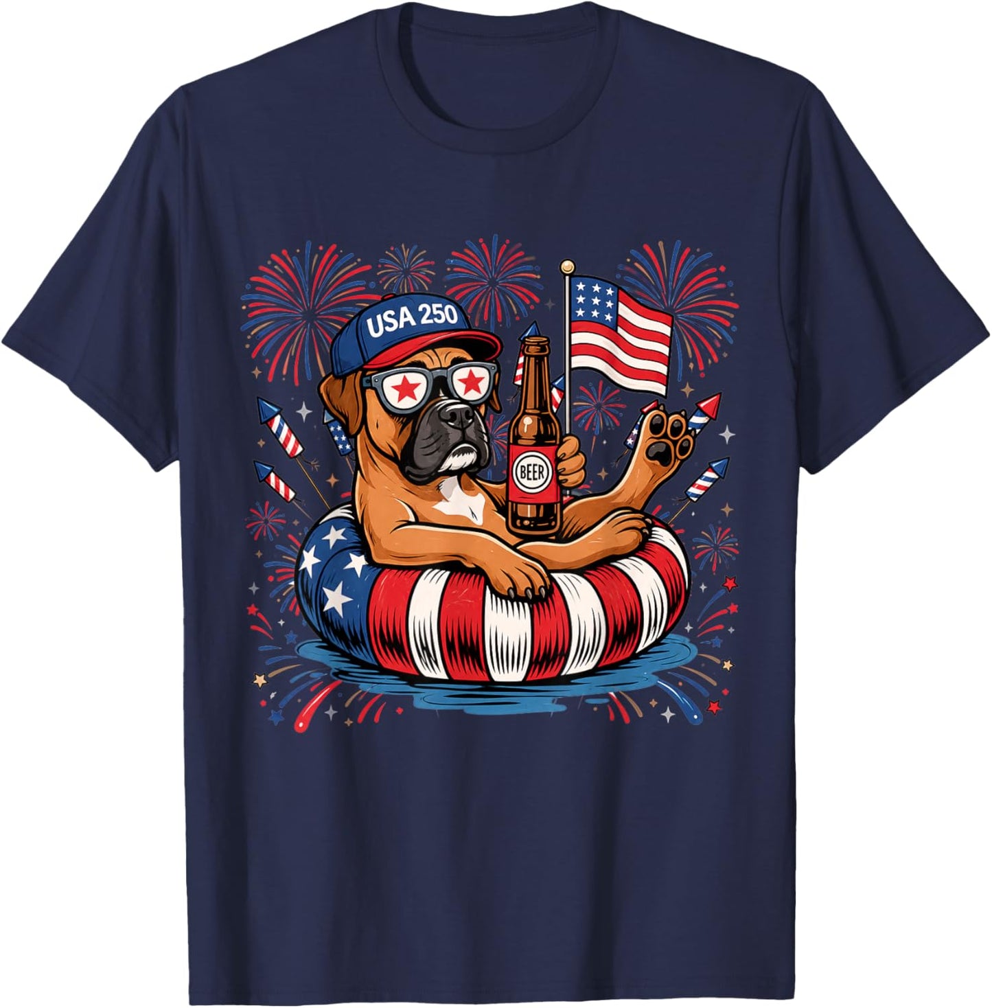 Patriotic Boxer 4th of July USA 250 Years Dog Lover T-Shirt - T-Shirt | Navy