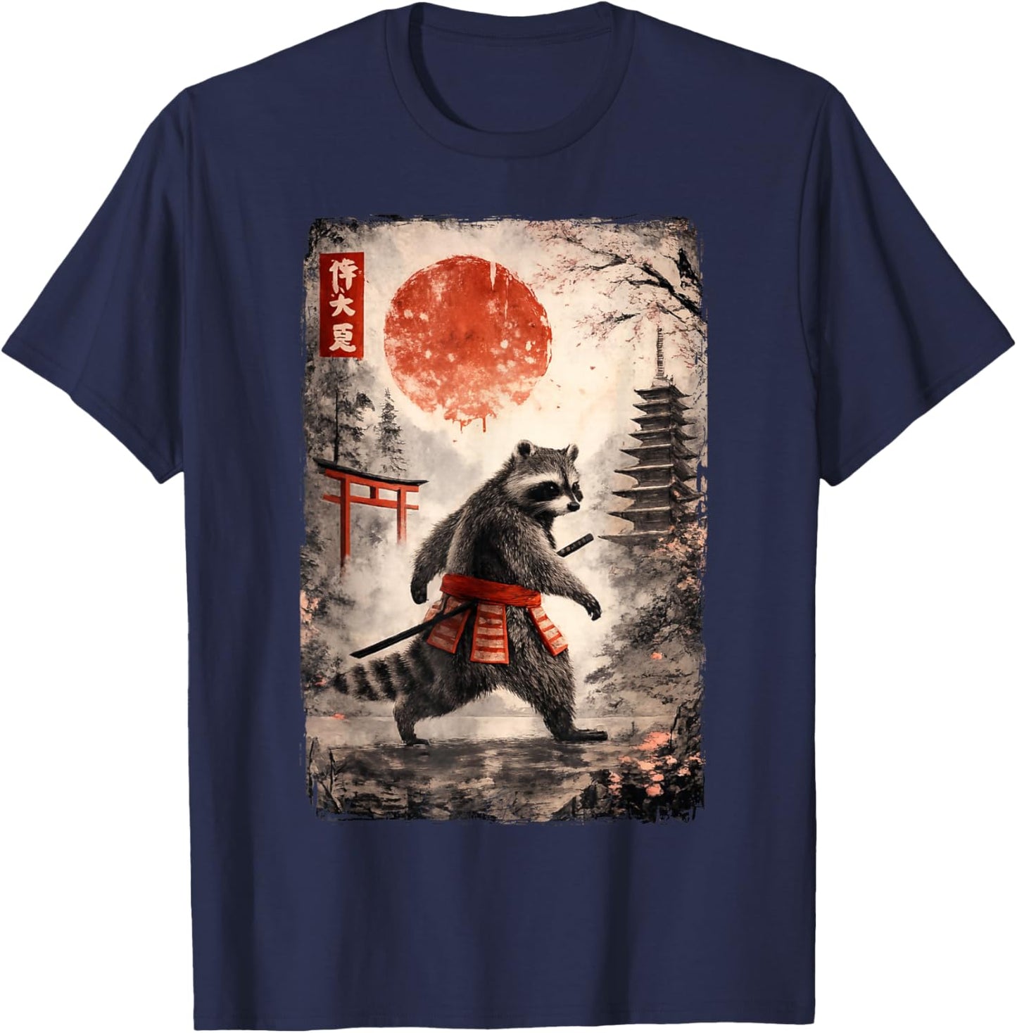 Funny Samurai Raccoon Japanese Vintage Racoon Ukiyo-e Art T-Shirt - T-Shirt | Navy