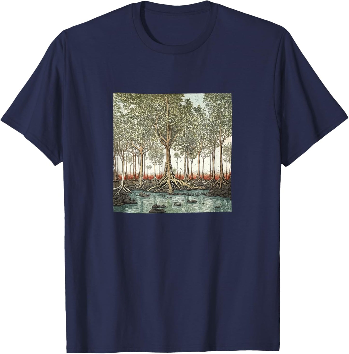 Mangrove Forest Vintage Landscape Graphic T-Shirt - T-Shirt | Navy