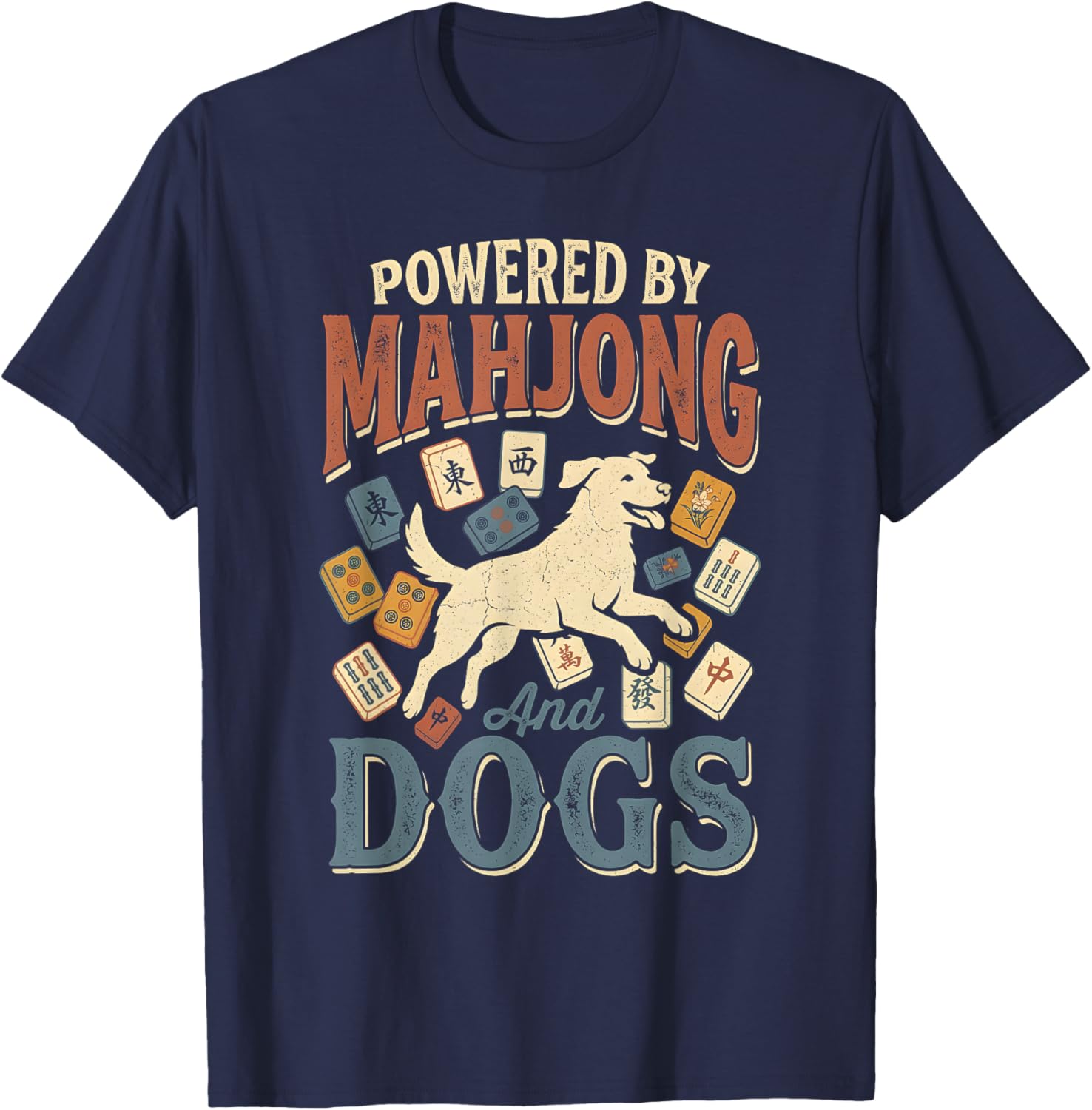 Powered by Mahjong and Dog Retro Funny Mahjong Player T-Shirt - T-Shirt | Navy