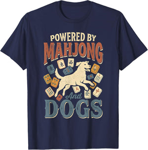 Powered by Mahjong and Dog Retro Funny Mahjong Player T-Shirt - T-Shirt | Navy