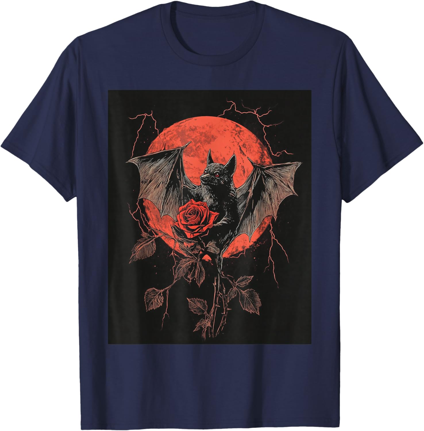 Bat Rose Moon Men Black Gothic Rose Women Bat T-Shirt - T-Shirt | Navy