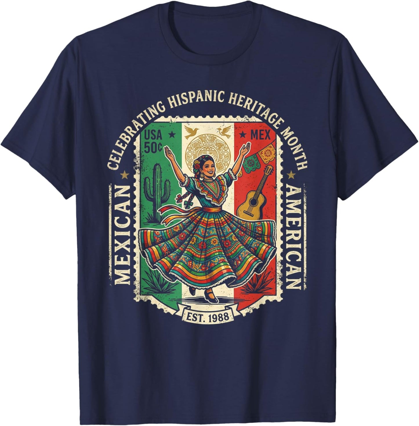 Hispanic Heritage Mexican American Floral Dancer Woman Mujer T-Shirt - T-Shirt | Navy