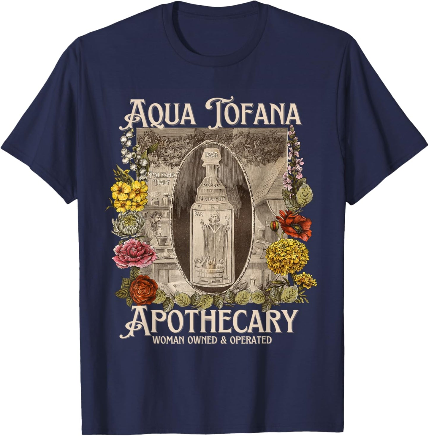 Vintage Aqua Tofana Apothecary Historical Feminist Mystery T-Shirt - T-Shirt | Navy