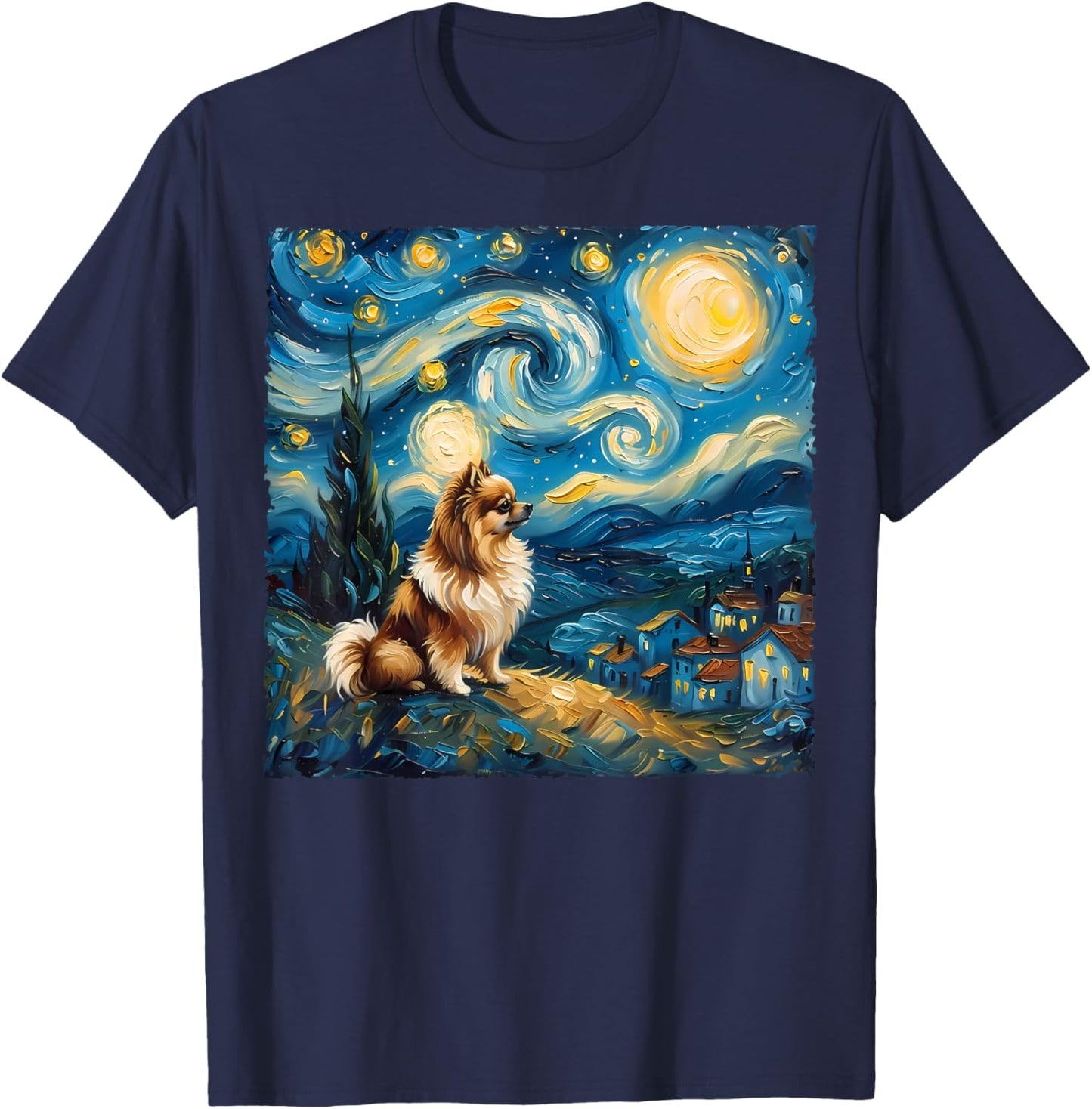Pomeranian Dog Lovers Starry Night Van Gogh Style Painting T-Shirt - T-Shirt | Navy