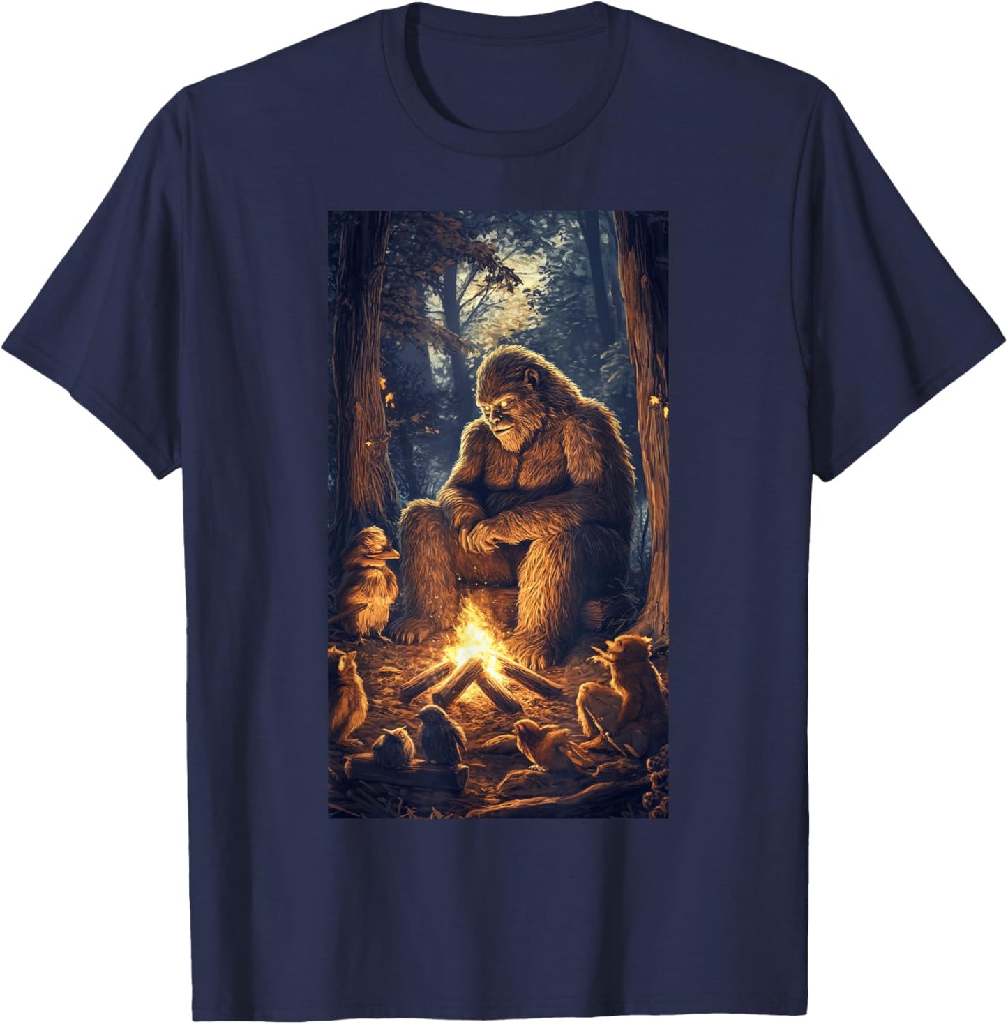 Bigfoot Campfire Woodland Sasquatch Wildlife art T-Shirt - T-Shirt | Navy