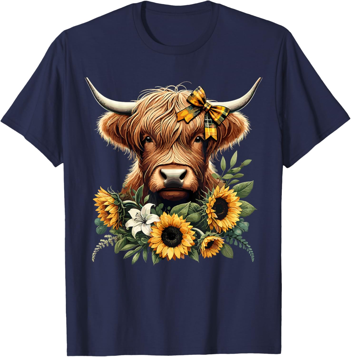 Highland Cow With Sunflowers T-Shirt - T-Shirt | Navy