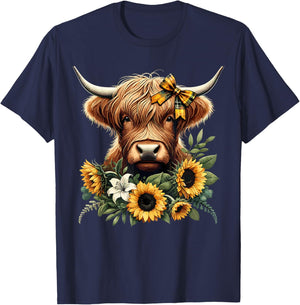 Highland Cow With Sunflowers T-Shirt - T-Shirt | Navy