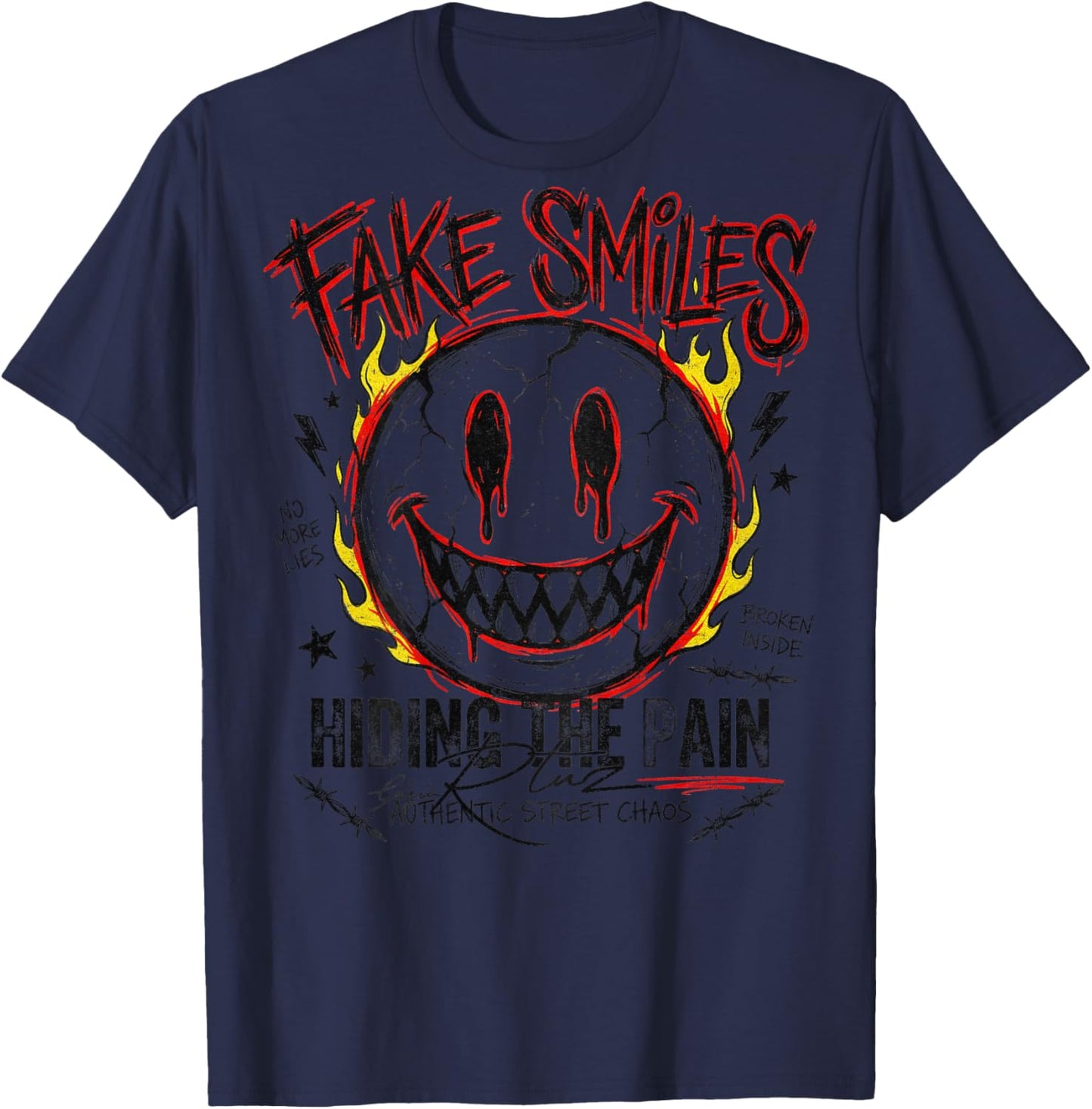 Backprint Streetwear Fashion Women's Men's Retro Smile T-Shirt - T-Shirt | Navy