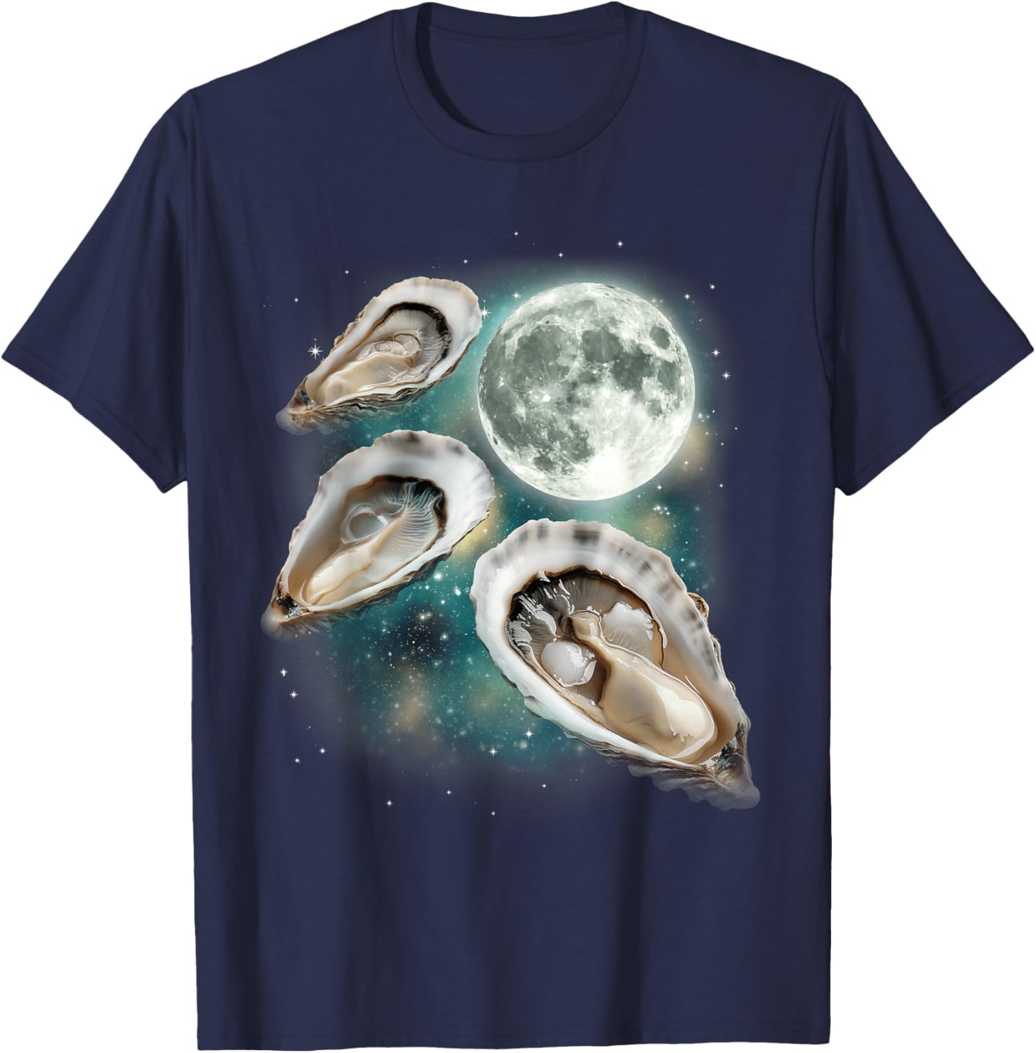 Three Oyster Moon | 3 Shellfish Howling Meme Magic Cursed T-Shirt - T-Shirt | Navy