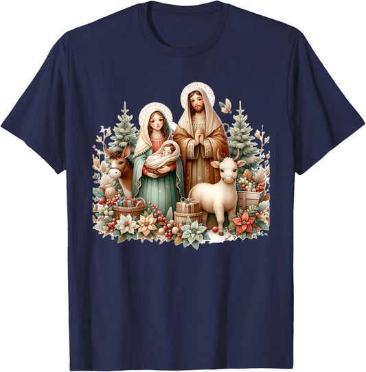 Holy Sacred Family Christmas Nativity Scene Religious Art T-Shirt - T-Shirt | Navy