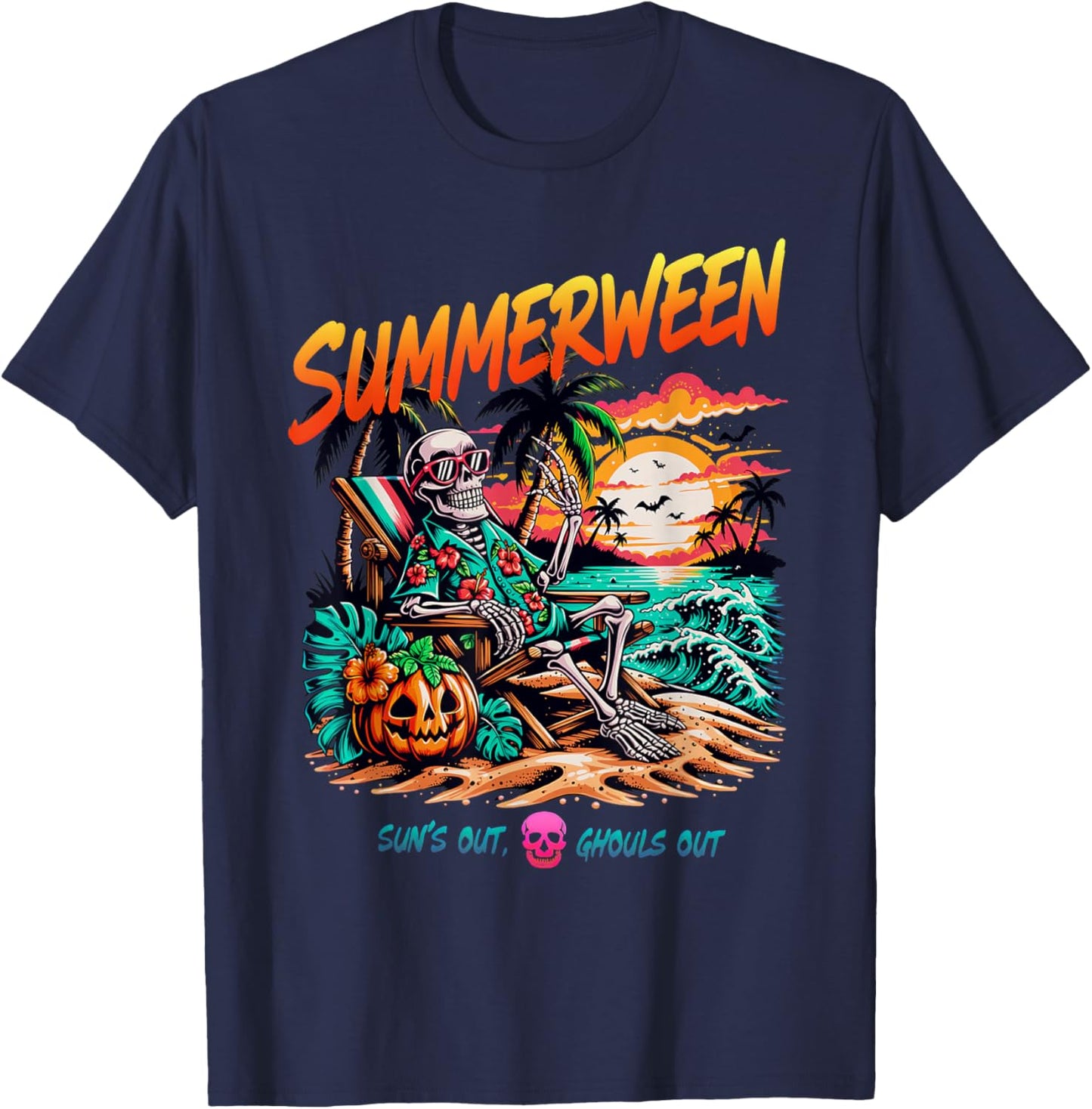Summerween Suns Out Ghouls Out Skeleton Relaxing Beach T-Shirt - T-Shirt | Navy