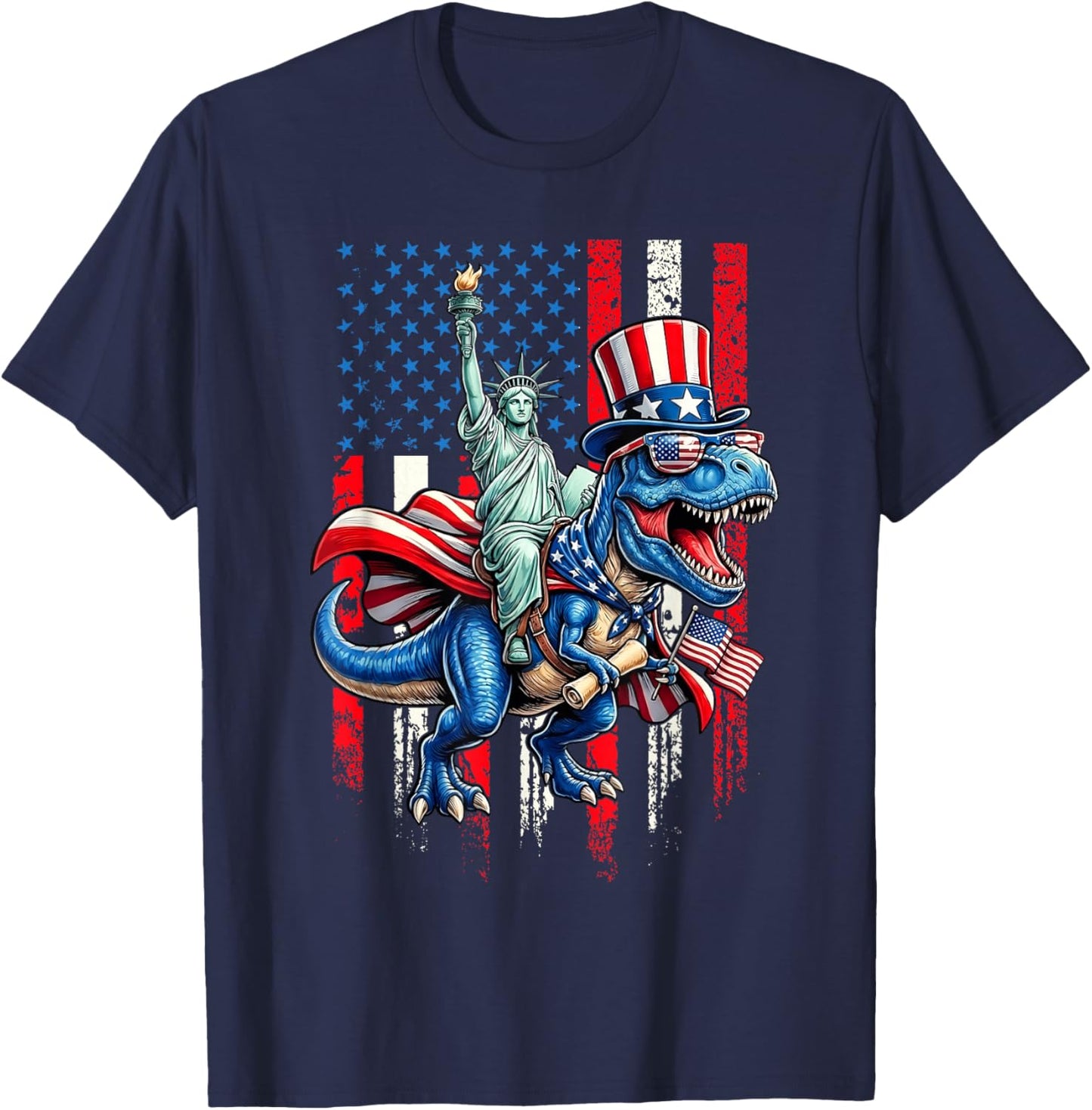 4th of July Statue Liberty Riding Dinosaur Men Boy Kid T-Shirt - T-Shirt | Navy