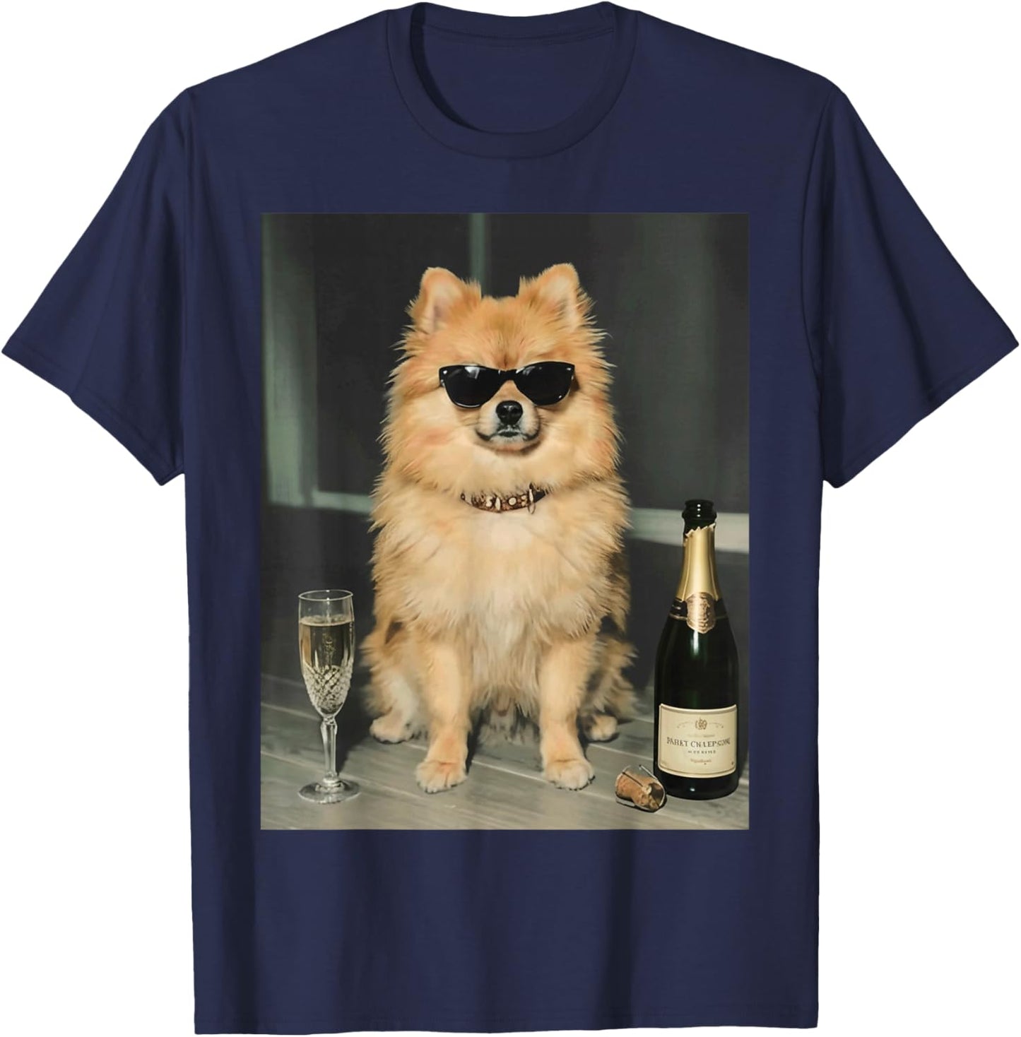 Pomeranian Drinking Champagne Funny Dog Meme Art Vintage T-Shirt - T-Shirt | Navy