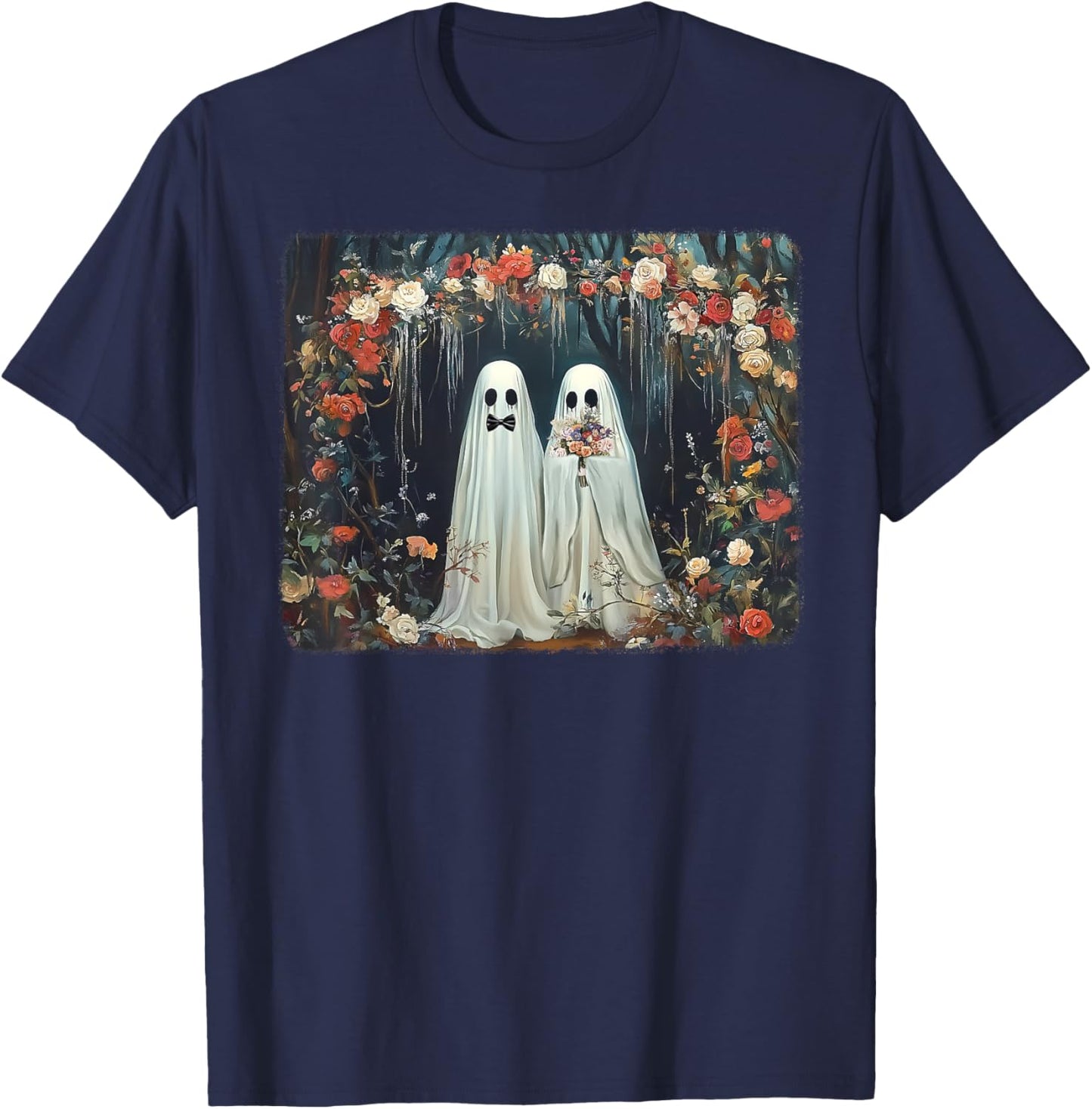 Halloween Floral Ghost Just Married Wedding Groom Bride T-Shirt - T-Shirt | Navy