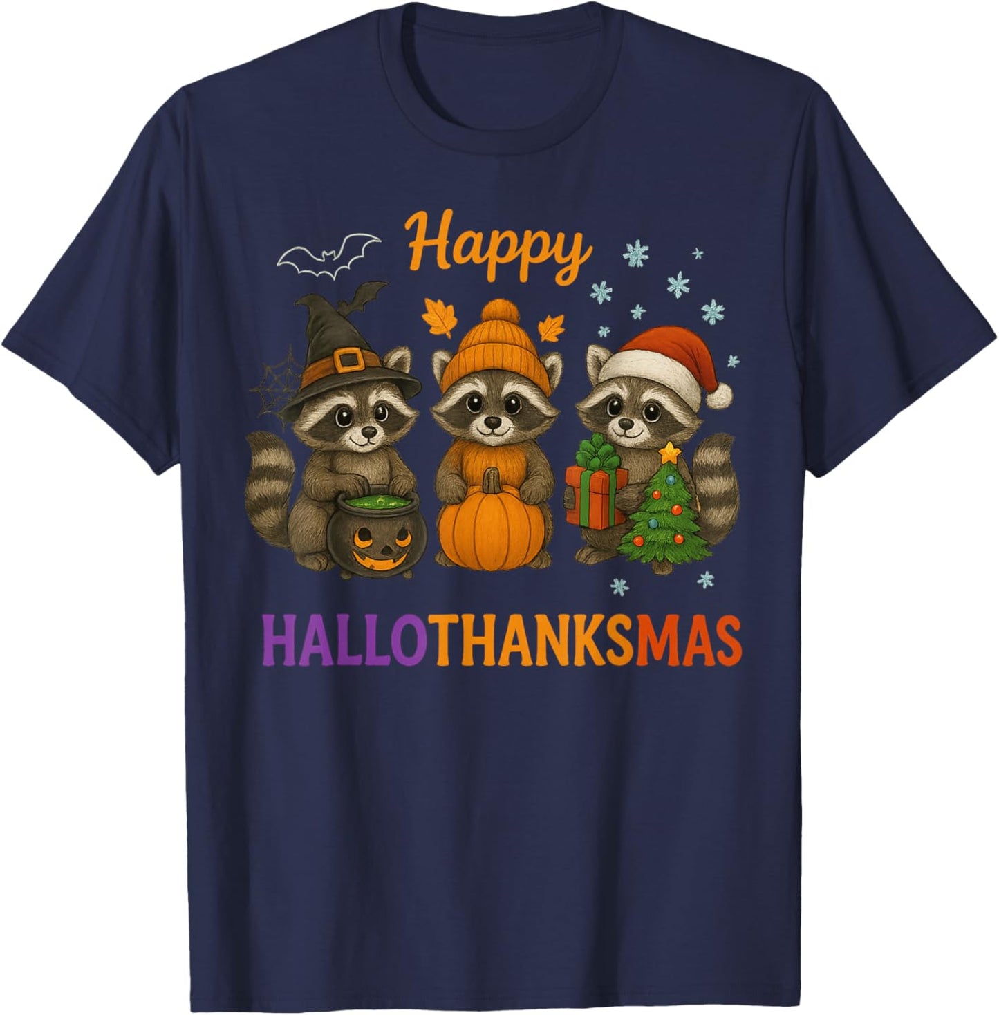 Happy Hallothanksmas Raccoon Halloween Christmas T-Shirt - T-Shirt | Navy