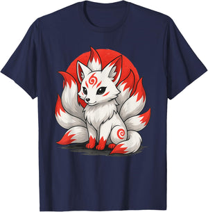 Kitsune Laughing Japanese Fox Nine-Tailed Anime Manga T-Shirt - T-Shirt | Navy