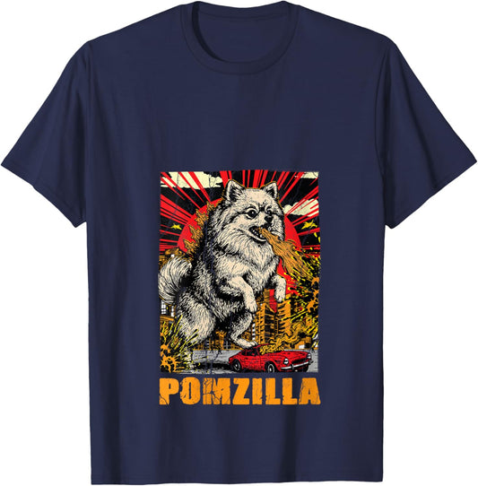 Women's Vintage Pomeranian Dog Lover Pomzilla Pom Japanese Monster V-Neck T-Shirt - T-Shirt | Navy