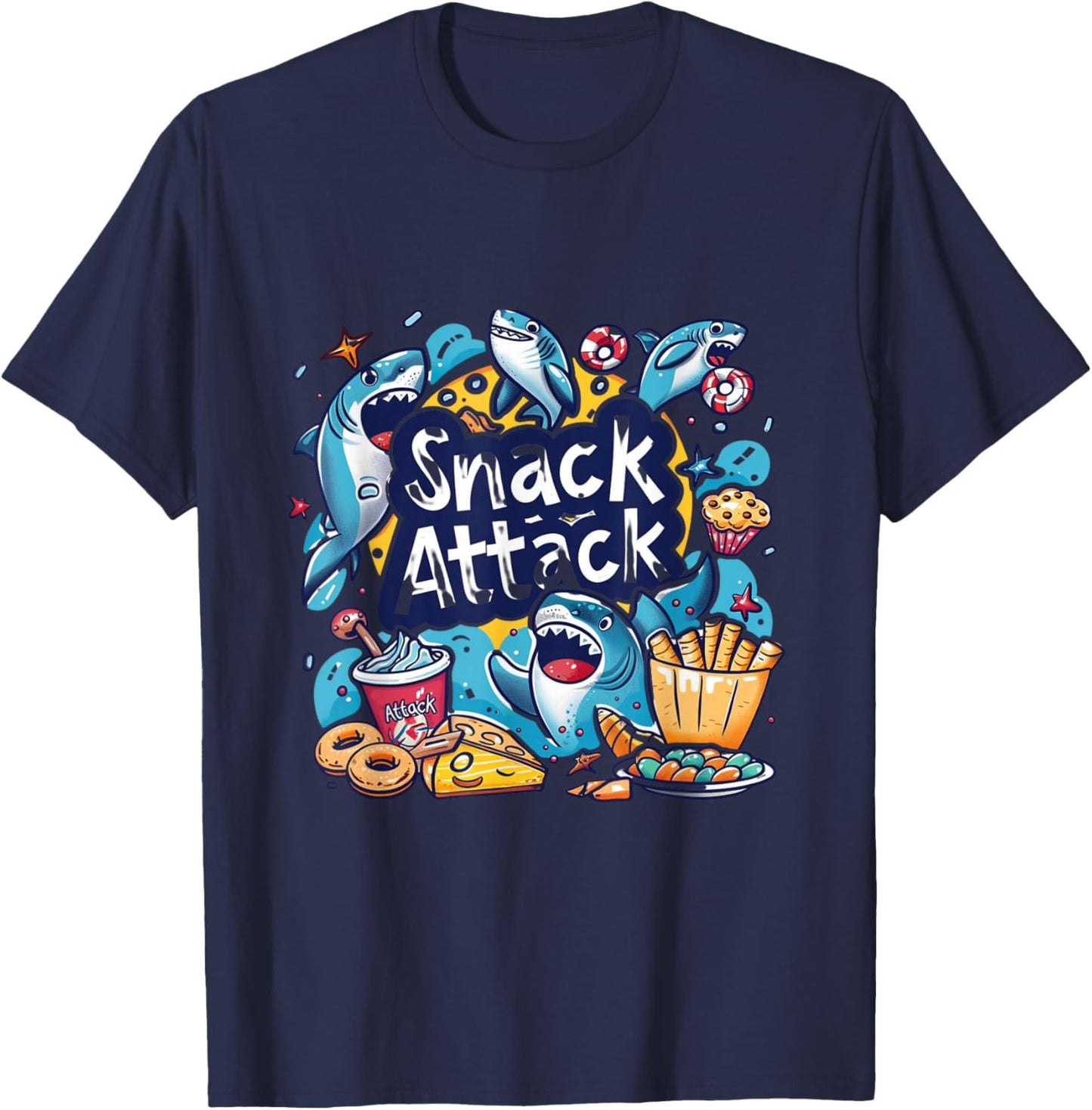 Snack Attack Funny Food Foodie Munchies Children Kids Shark T-Shirt - T-Shirt | Navy