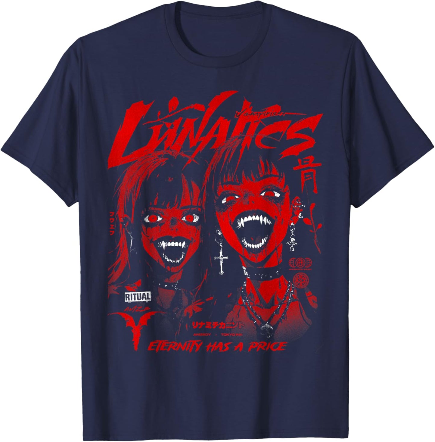 Creepy Manga Horror Gothic Anime Japanese Goth Y2K Vampire T-Shirt - T-Shirt | Navy