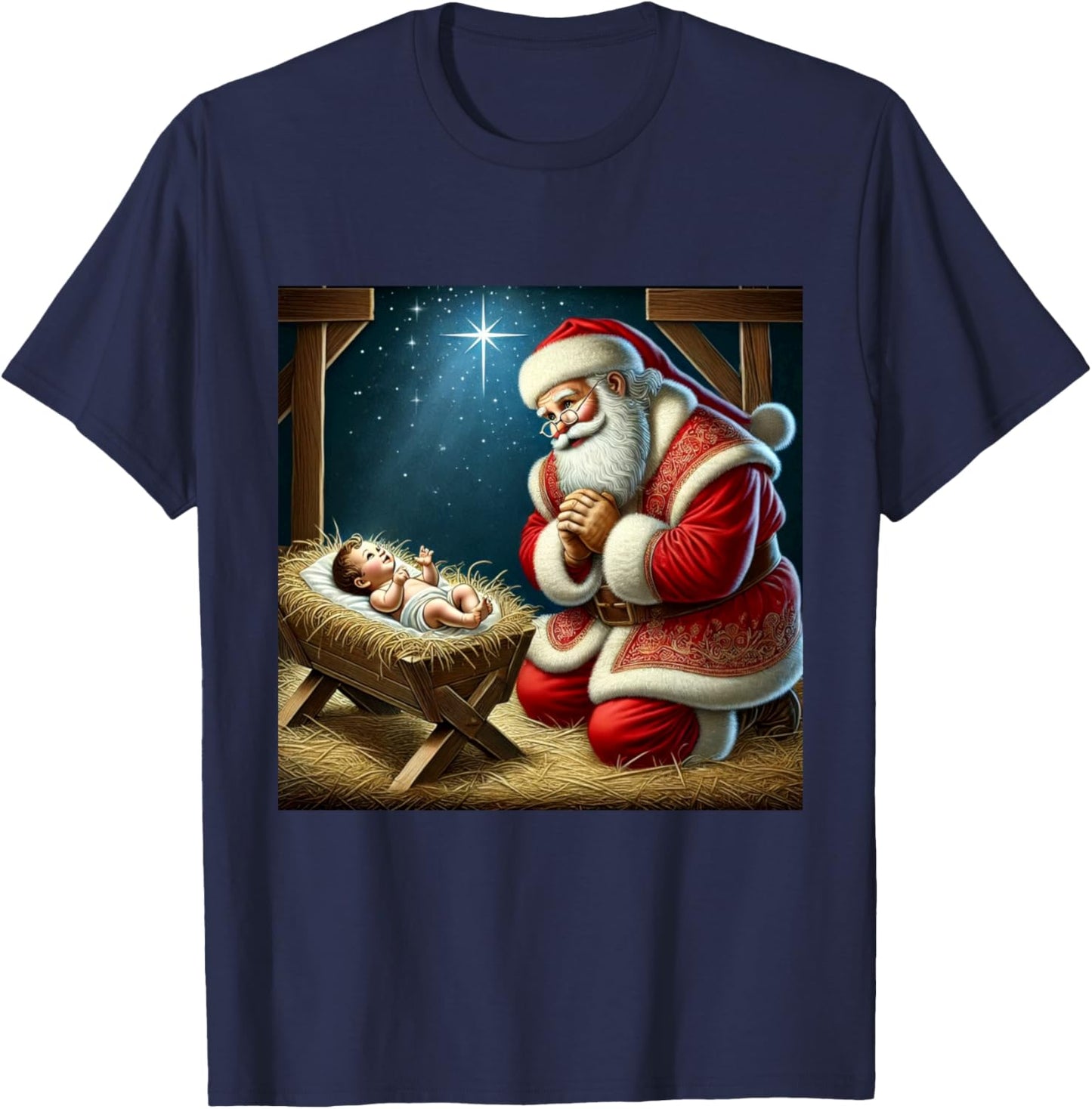 Santa Kneeling Before Baby Jesus Christmas T-Shirt - T-Shirt | Navy