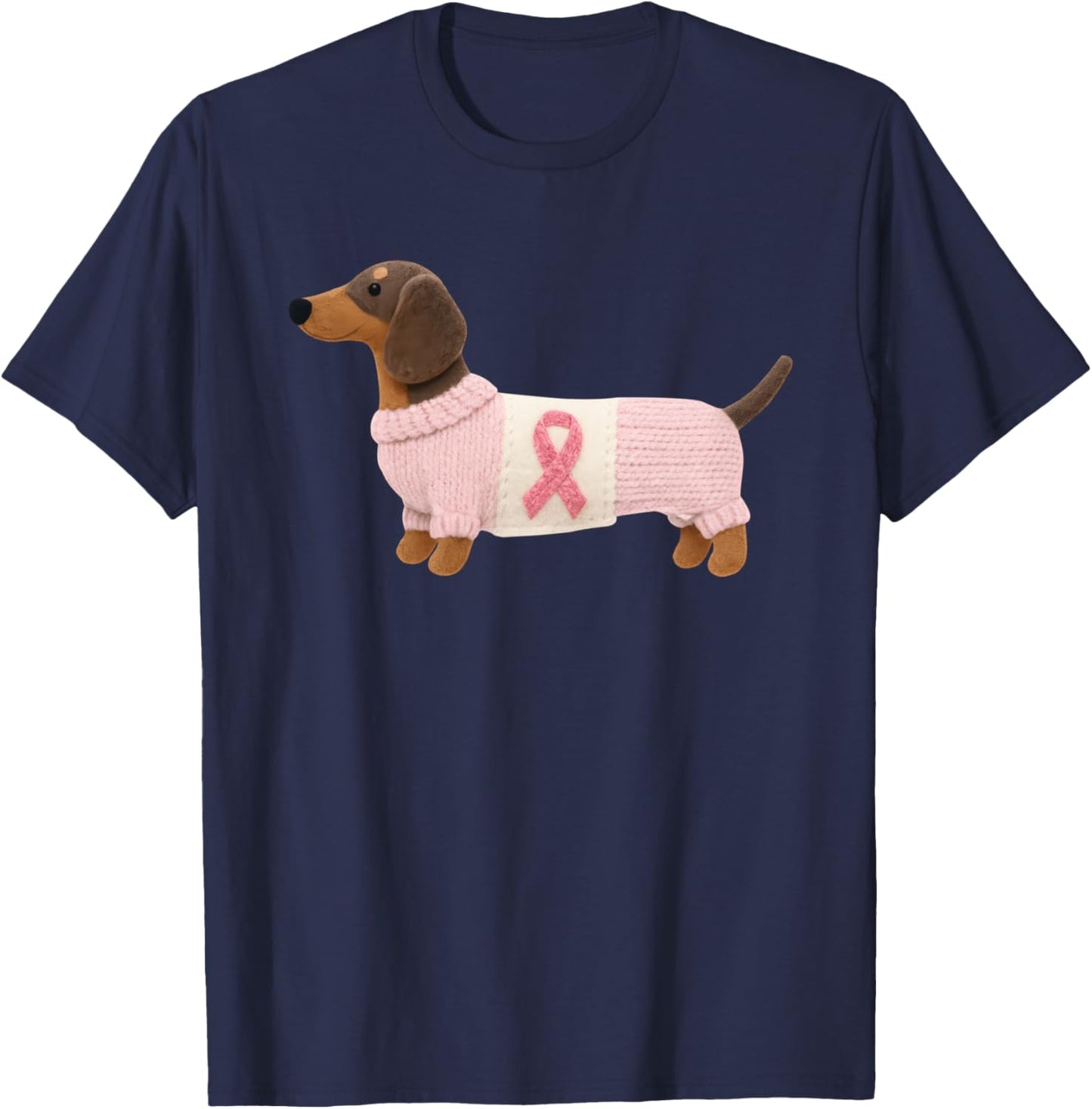 Dachshund Pink Ribbon Breast Cancer Awareness Support T-Shirt - T-Shirt | Navy