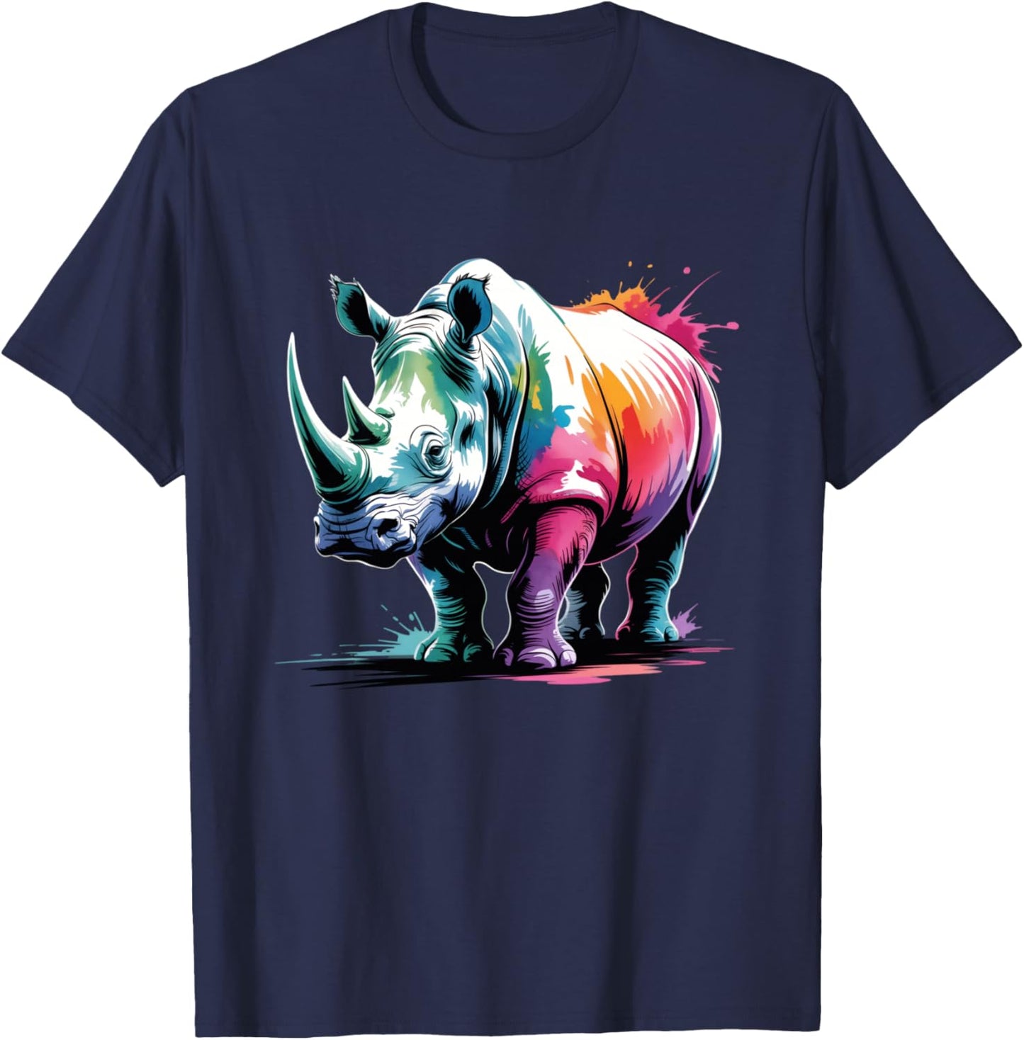 Rhino Poster Style Colorful Paint Splatter Art Graphic T-Shirt - T-Shirt | Navy